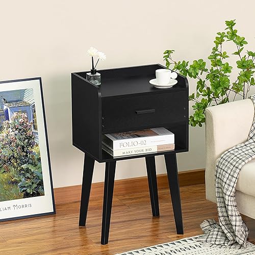Miniatura 2 de Lerliuo Mesita de noche negra, moderna mesita de noche con cajón, mesa auxiliar de madera para espacios pequeños, mesa auxiliar con almacenamiento,