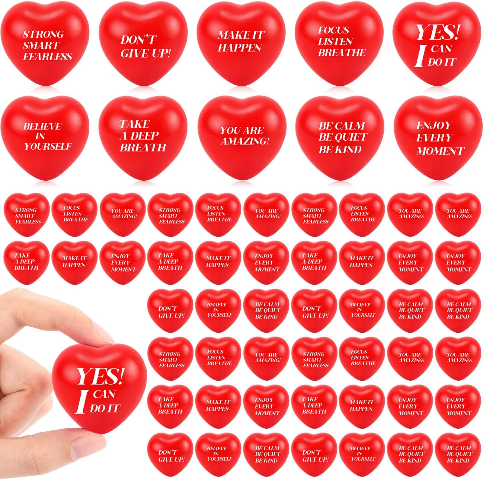 Jerify 100 Pcs Red Heart Stress Balls Foam Inspirational Colorful Motivational Stress Balls Quotes Anxiety Relief Toys for Kids Adults Wedding School Carnival Reward