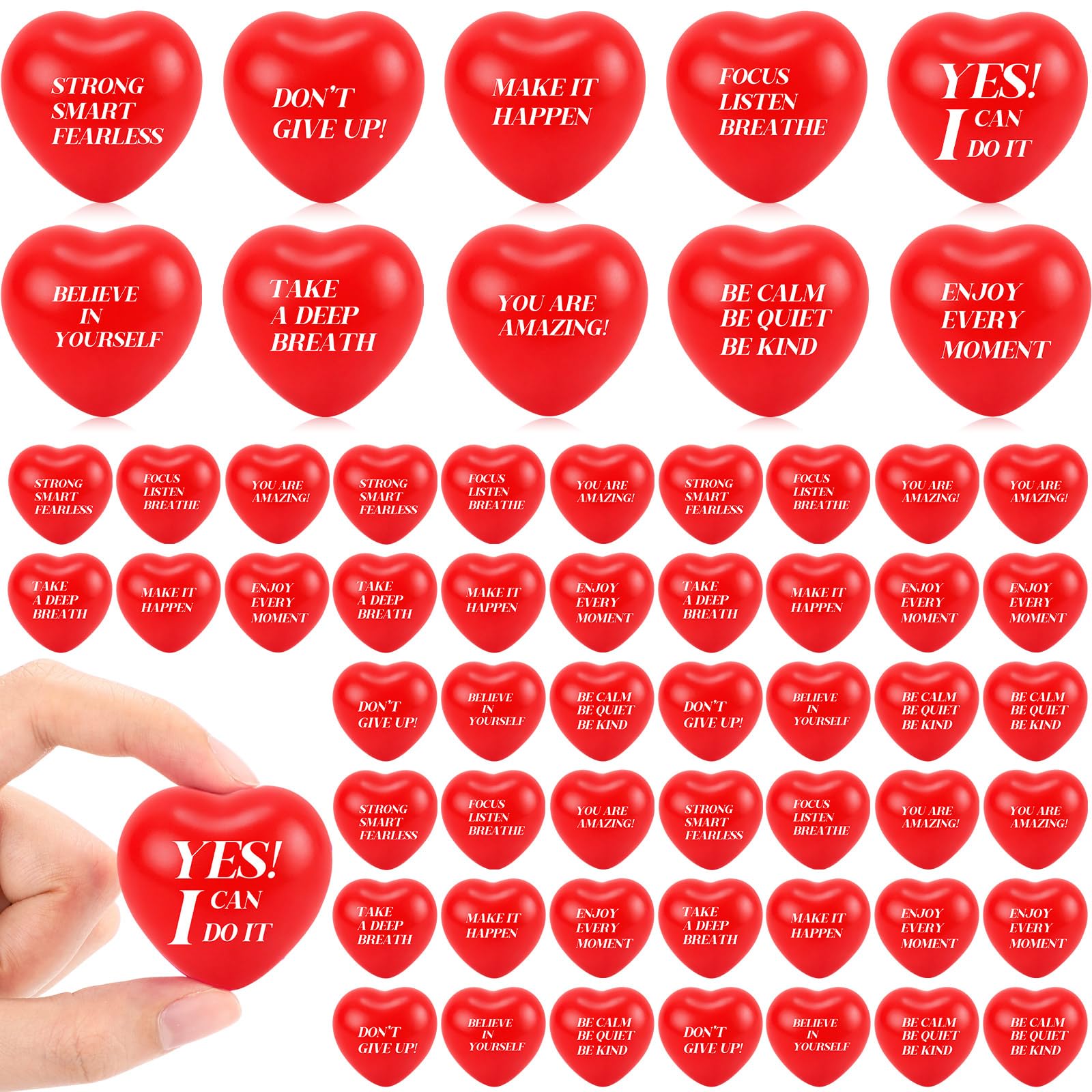 Jerify 100 Pcs Red Heart Stress Balls Foam Inspirational Colorful Motivational Stress Balls Quotes Anxiety Relief Toys for Kids Adults Wedding School Carnival Reward