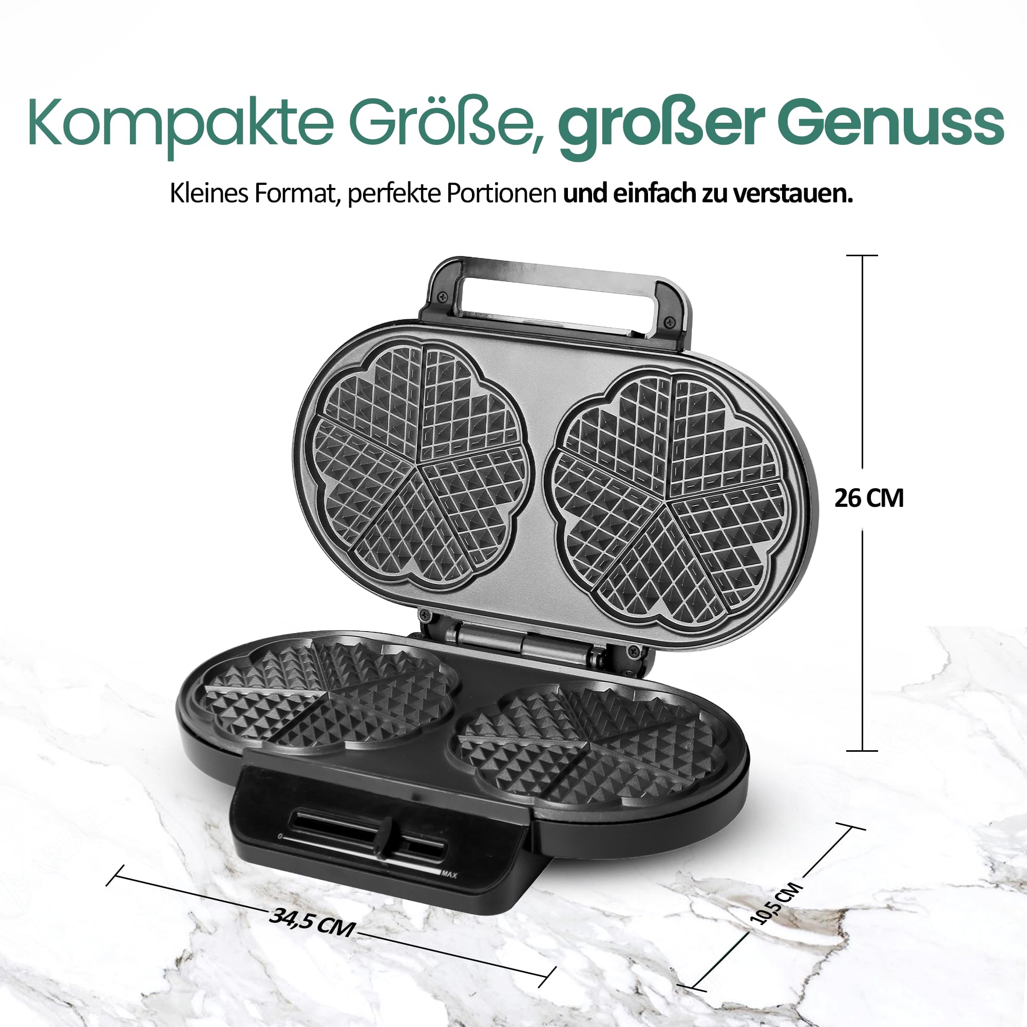 EMERIO Double gaufrier pour un total de 10 gaufres en forme de cœur (2 gaufres d'environ 14 cm de diamètre) - Régulateur de température pour dorer selon vos souhaits - Revêtement antiadhésif