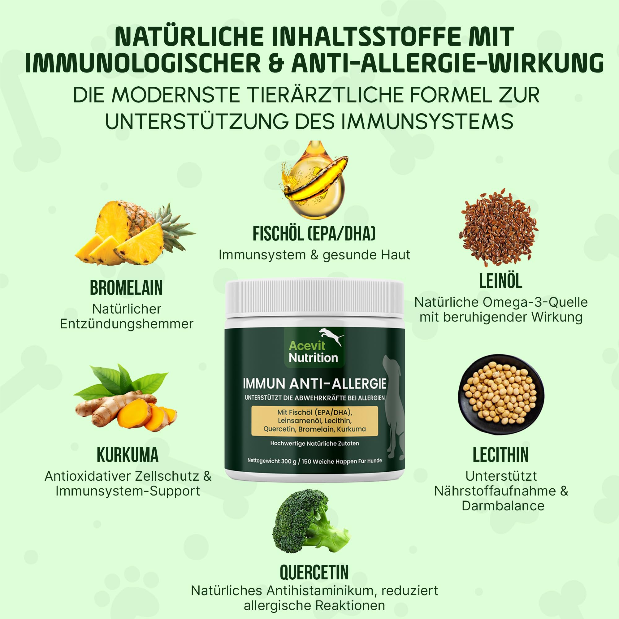 Anti Allergie Hund, 150 Leckere Snacks 100% Natürlich – Unterstützt Immunsystem & Haut – Hilft bei Juckreiz, Hautreizungen & allergiebedingtem Kratzen – Mit Quercetin & Omega 3 | Acevit Nutrition