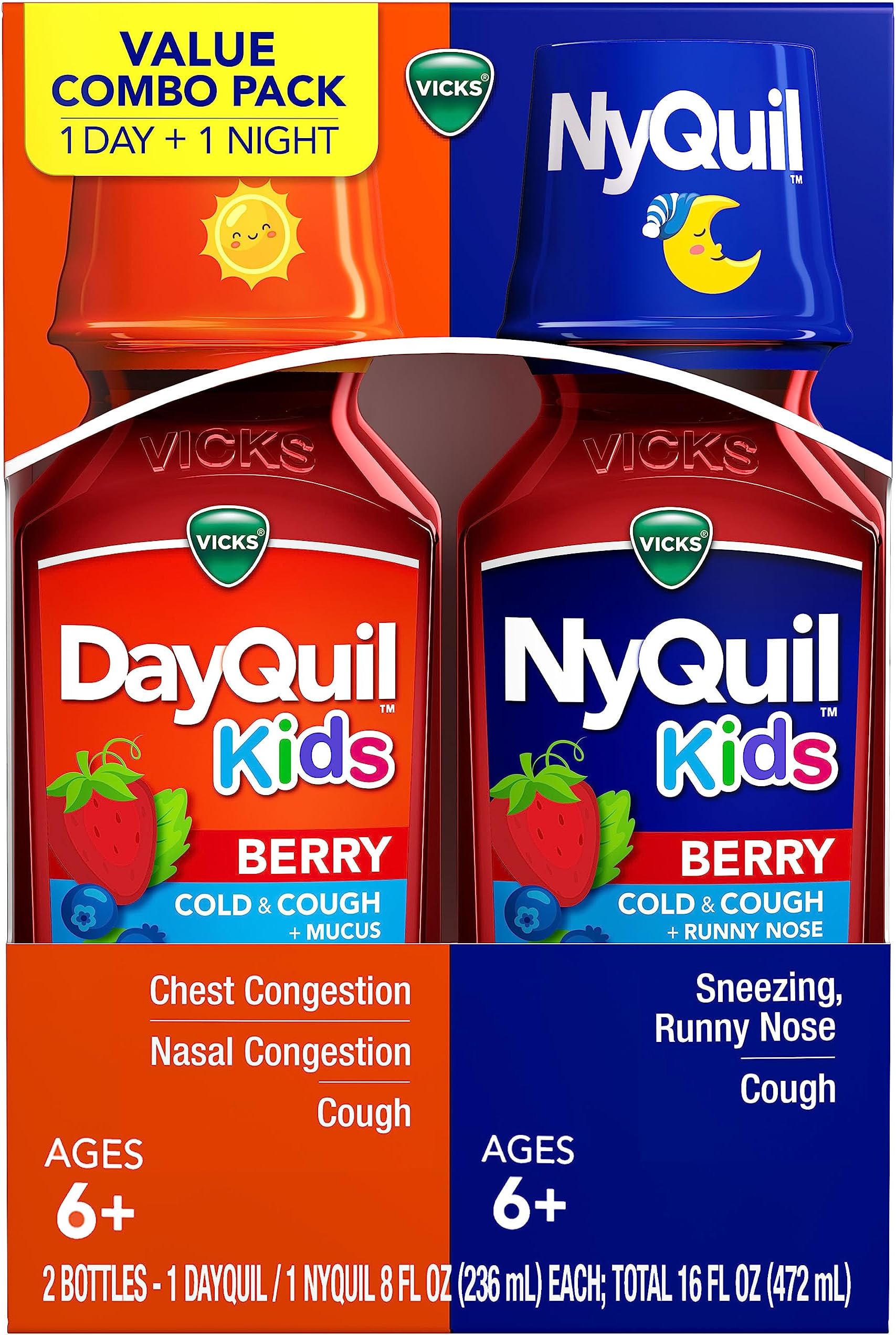 VICKS Kids DayQuil & NyQuil Berry Cold & Cough Medicine Co-Pack, Daytime & Nighttime Relief of Multiple Symptoms, Great-Tasting Berry Flavor, Free of Alcohol & Acetaminophen, for Ages 6+, 2x8oz