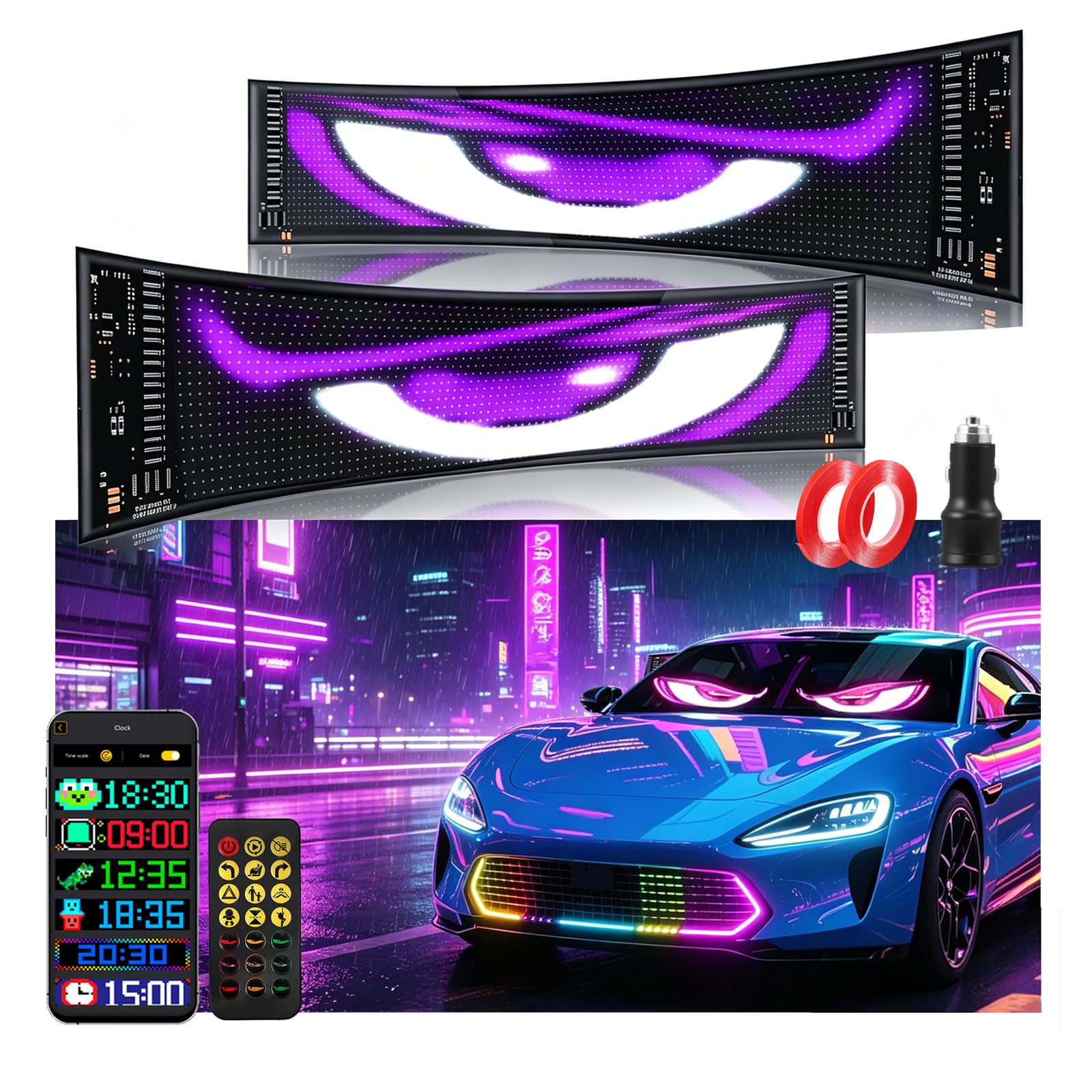 2 Pannelli LED Flessibili Maxi 12x60 cm, Occhi LED Grandi per Auto/Camion, Schermo Programmabile Impermeabile IP65, Controller APP & Telecomando, Luci RGB Ultra-Luminose per Tuning, Vetrina, Feste