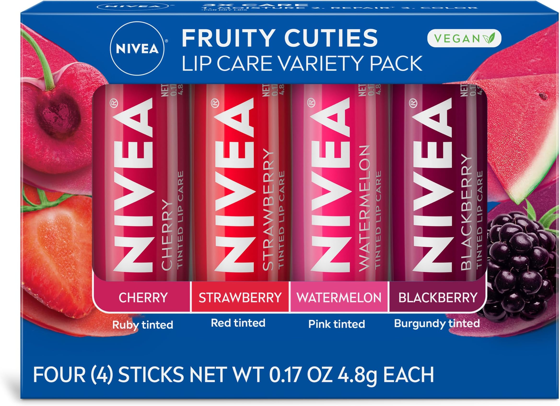 NIVEA Lip Care, Fruit Lip Balm Variety Pack, Tinted Lip Balm, 0.17 Oz, Pack of 4, multi, 0.17 Ounce (Pack of 4)
