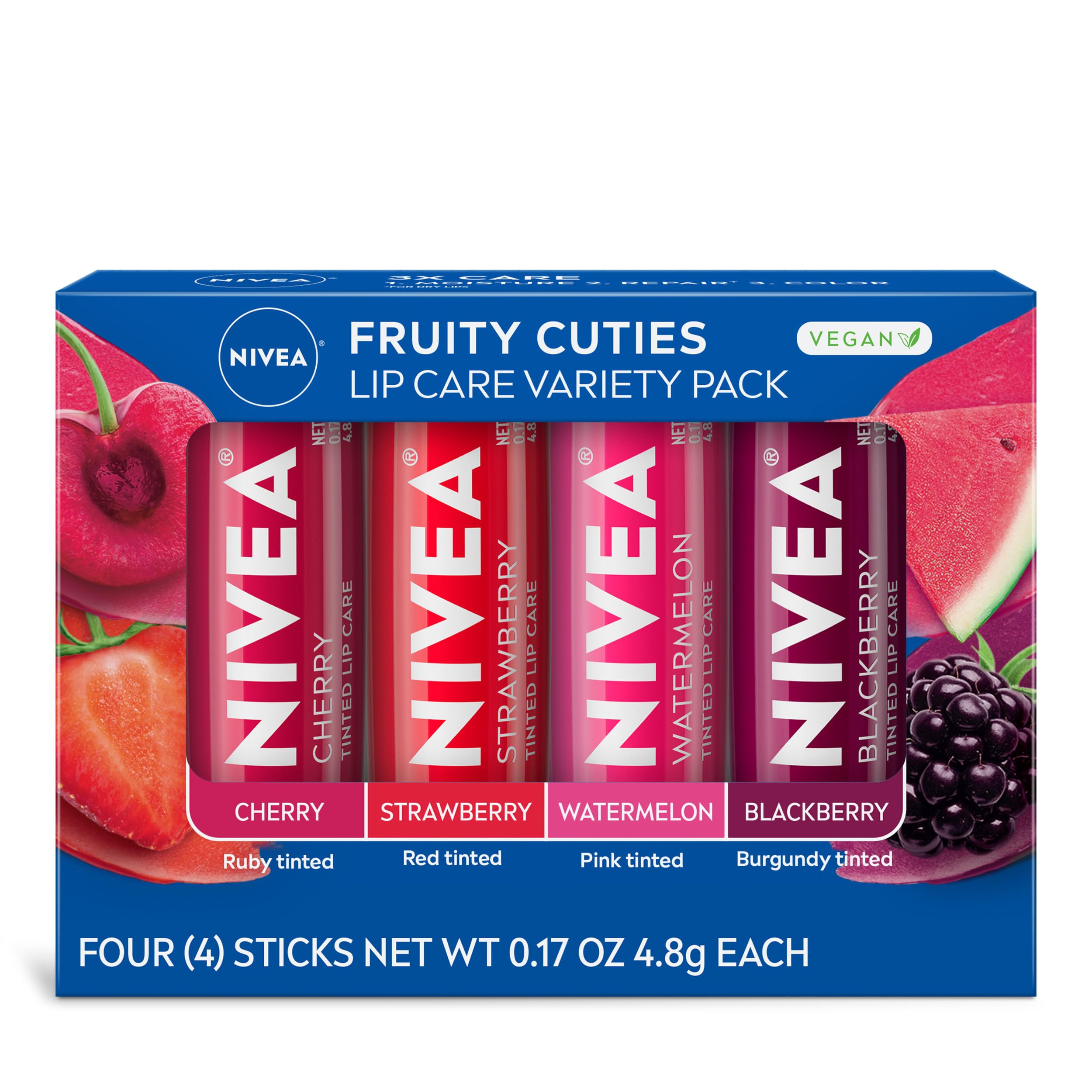 Amazon.com : NIVEA Lip Care, Fruity Tinted Lip Balm Variety Pack, Cherry, Strawberry, Blackberry and Watermelon Flavors, 3-in-1 Moisture, Repair and Color, 0.17 Oz Stick, Pack of 4 : Beauty & Personal Care Amazon.com : NIVEA Lip Care, Fruity Tinted Lip Balm Variety Pack, Cherry, Strawberry, Blackberry and Watermelon Flavors, 3-in-1 Moisture, Repair and Color, 0.17 Oz Stick, Pack of 4 : Beauty & Personal Care
