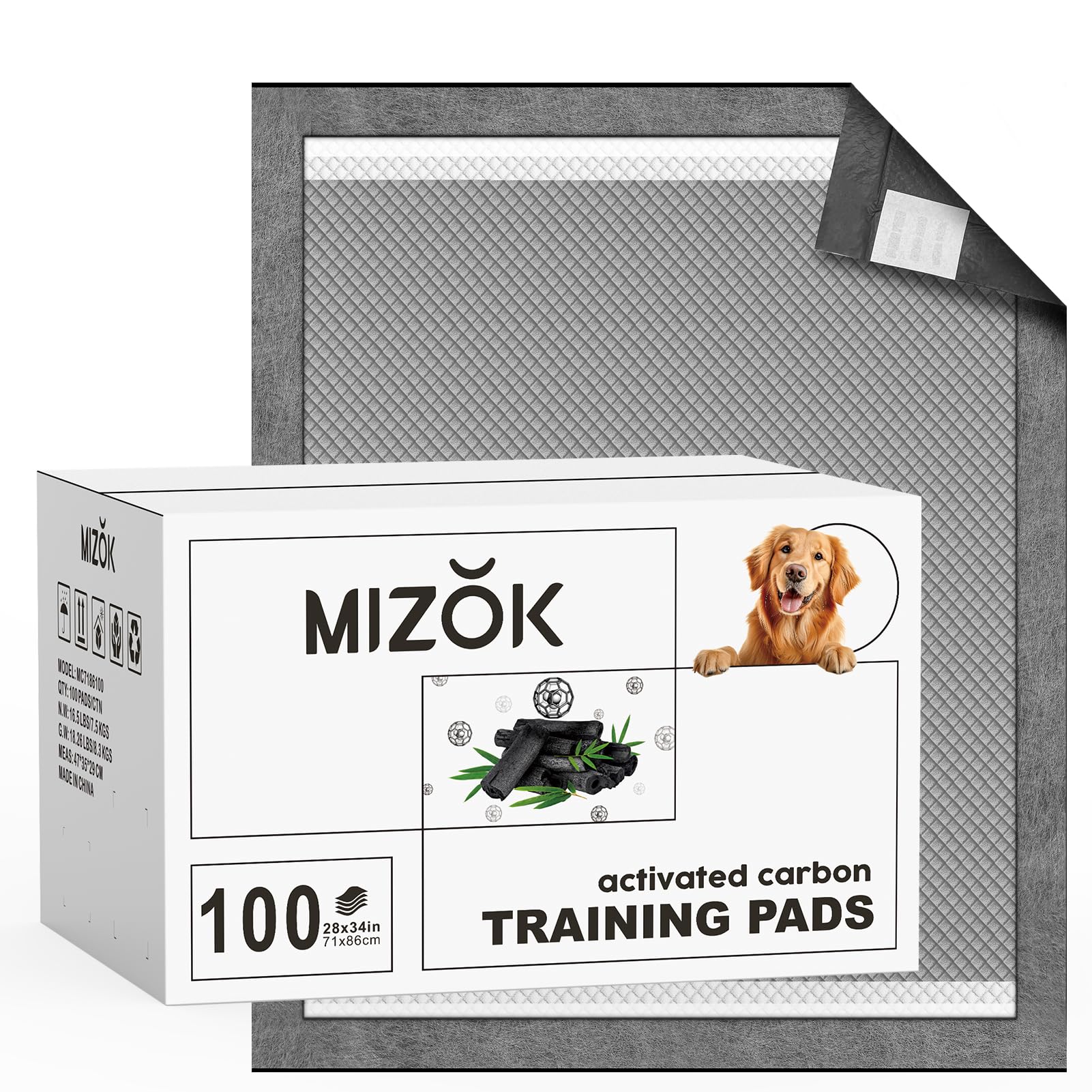 MIZOK Almohadillas de carbón activado de 28 x 34 pulgadas para perros, 100 unidades