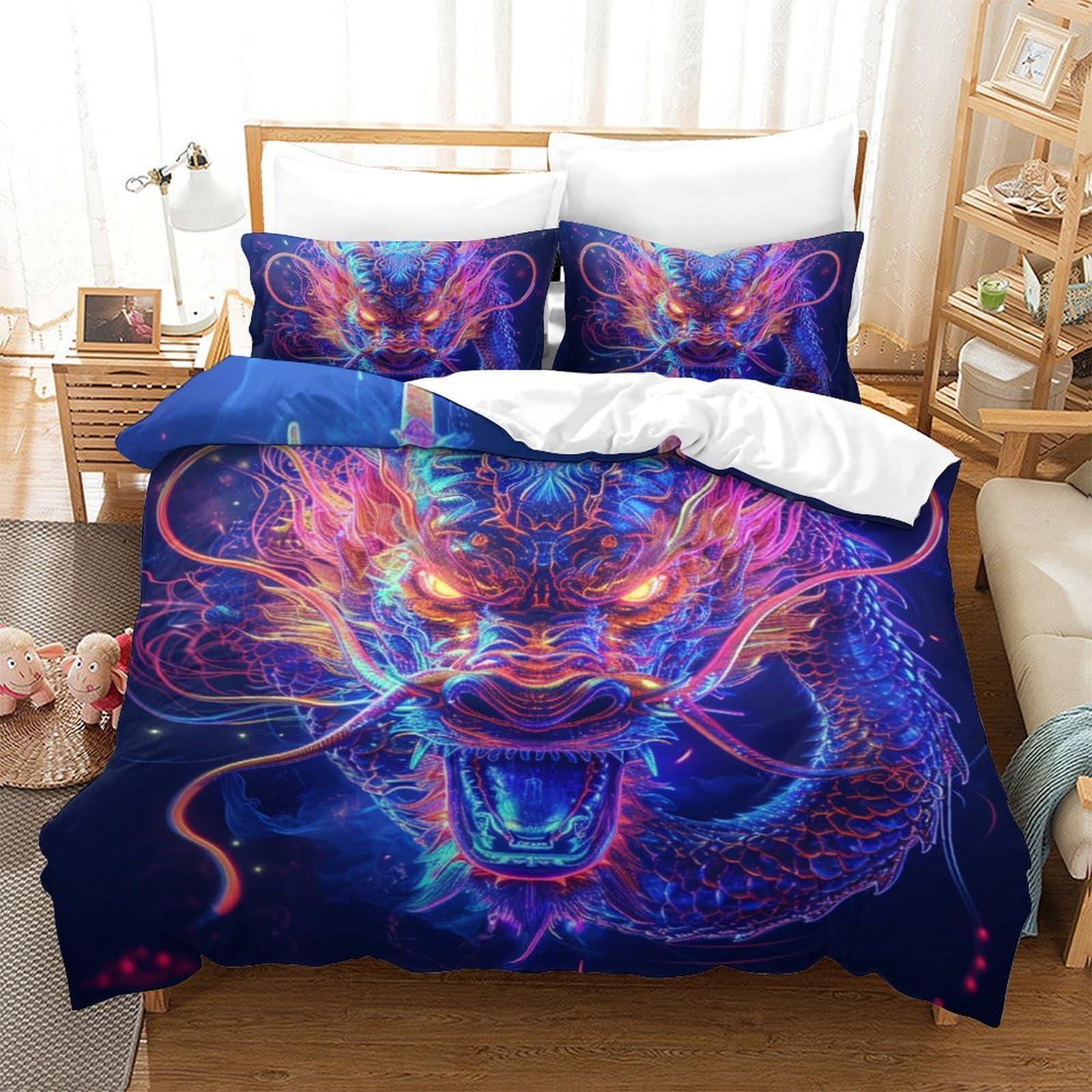 Housse de couette dragon anti-plis zippée en microfibre douillette