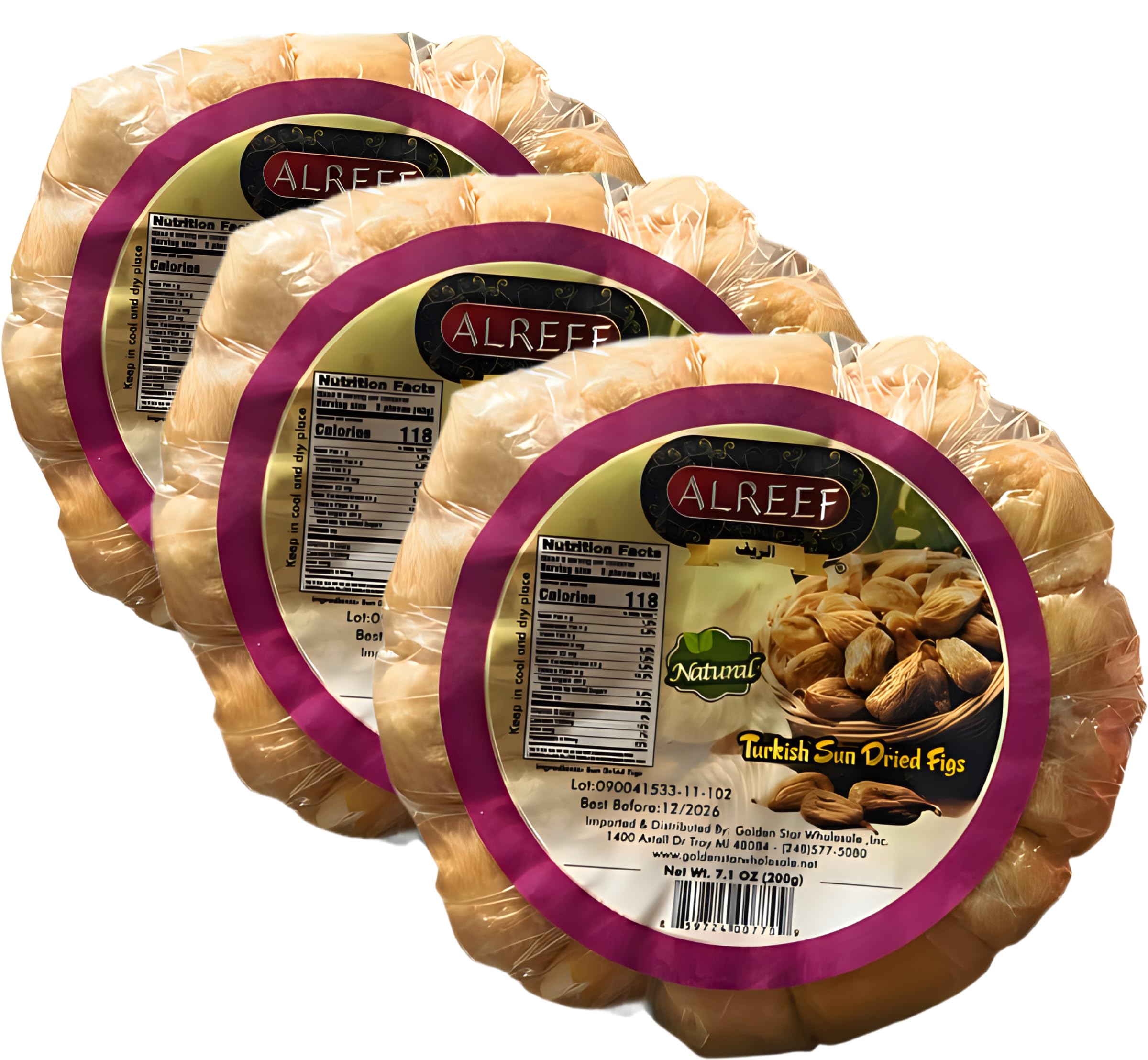 Al'reef Natural Turkish Sun Dried Figs, Premium Quality, 7.1 oz (200g) each. (Pack of 3)