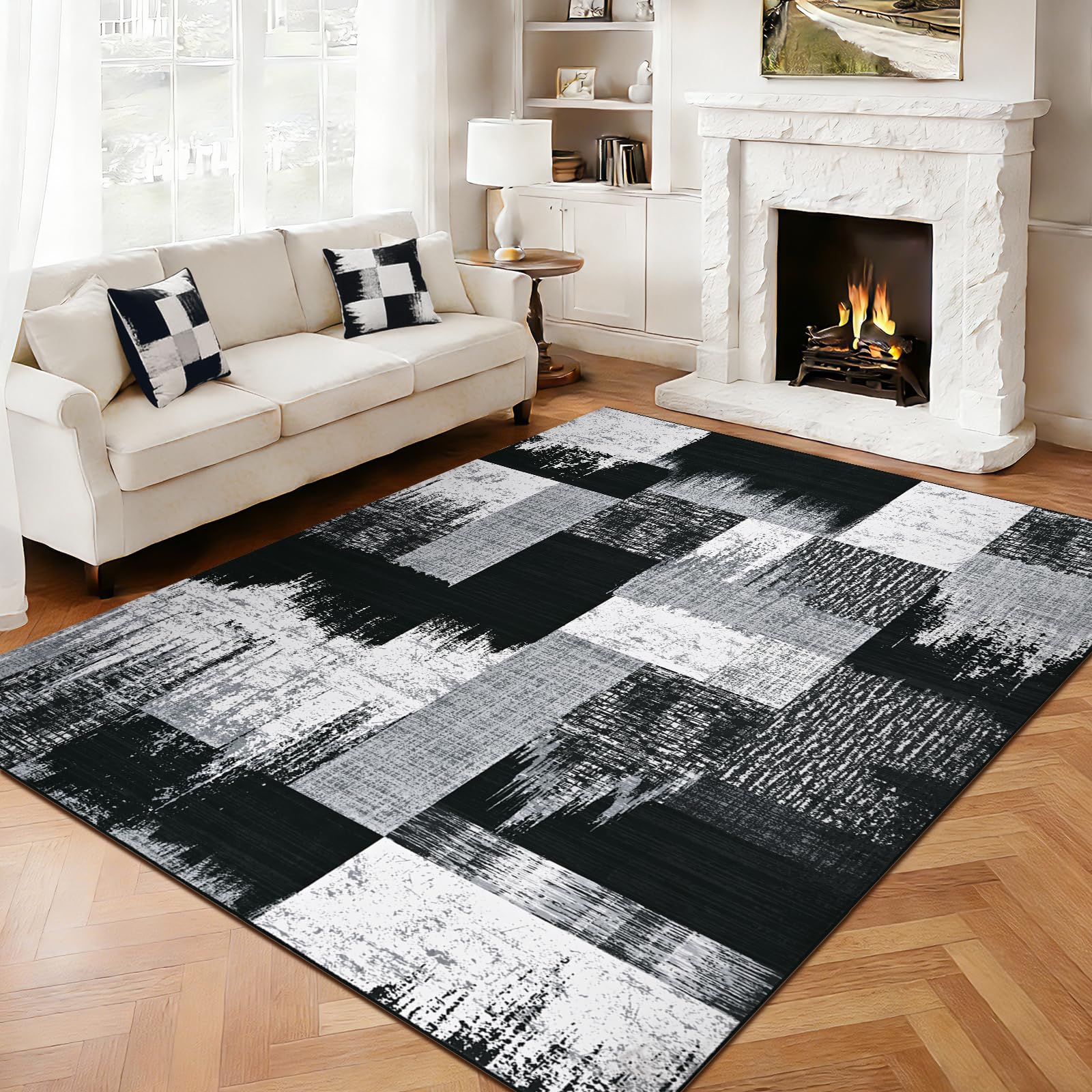 Alishomtll Rugs Living Room 160x230cm, Area Rugs for Bedroom, Anti-Slip Soft Large Rugs Faux Wool Geometric Style Modern Washable Easy Clean Carpets Durable Runner for Room Hotel Home Black and Grey