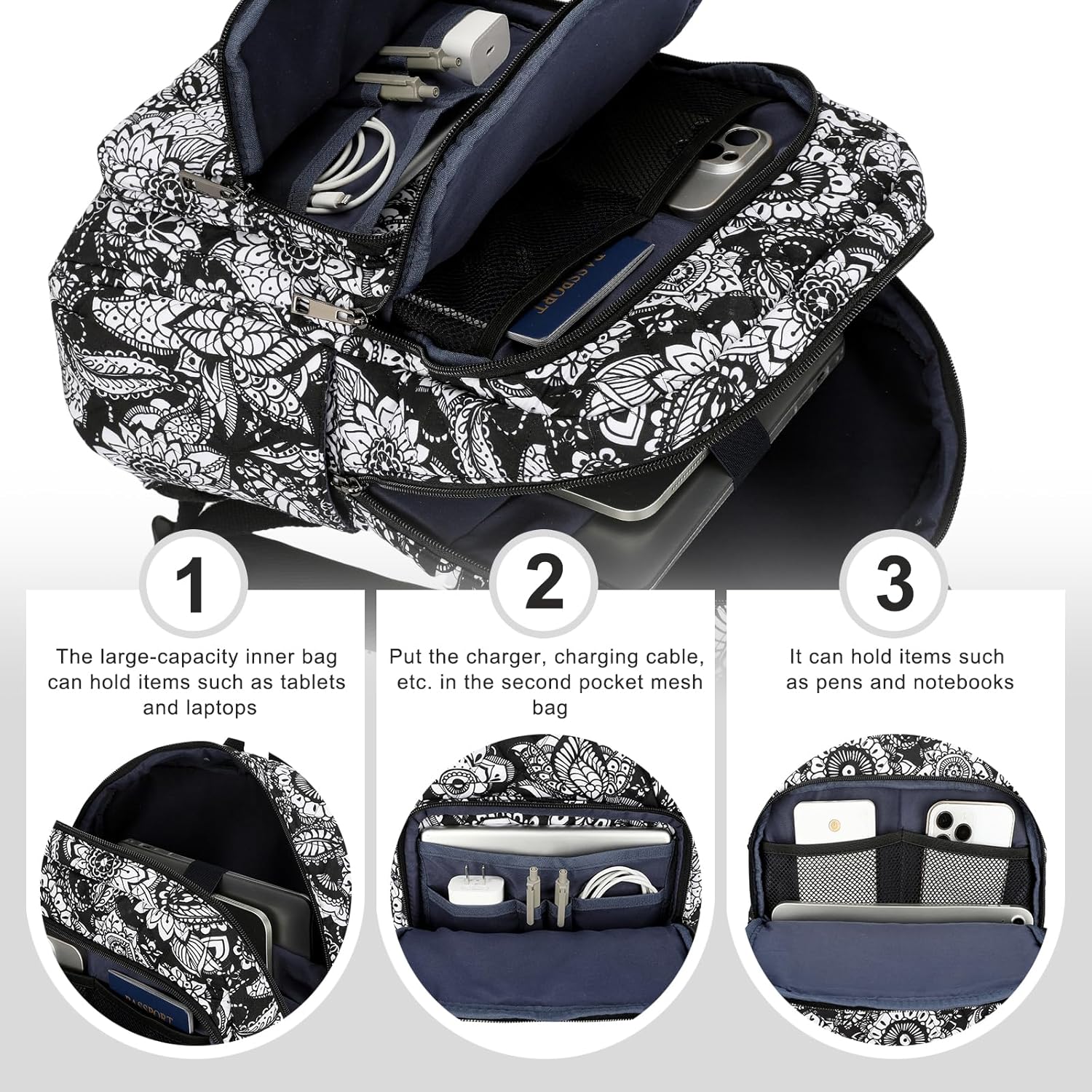 Searock Quilted Backpack for Women, Floral Backpack for Girls, Cotton Lightweight Bookbag for Travel, Work Black - Image 3