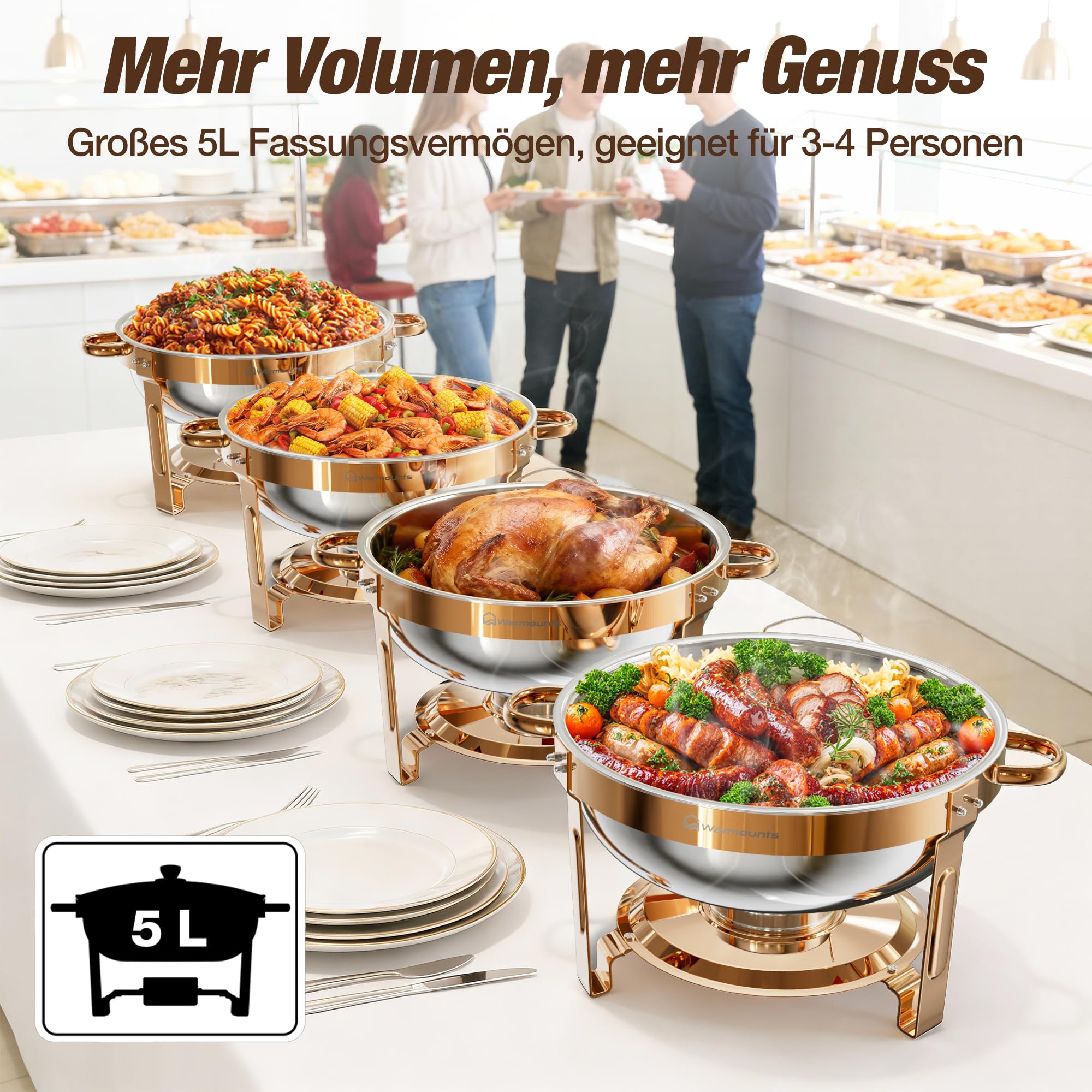 WARMOUNTS Chafing Dish Buffet 5L 2er Set Rose Gold, Rund Speisenwärmer für Catering mit Glasdeckel & Deckelhalter, Stapelbar Hochglanzpoliert Edelstahl Lebensmittelecht für Feiern, Hochzeit, Events