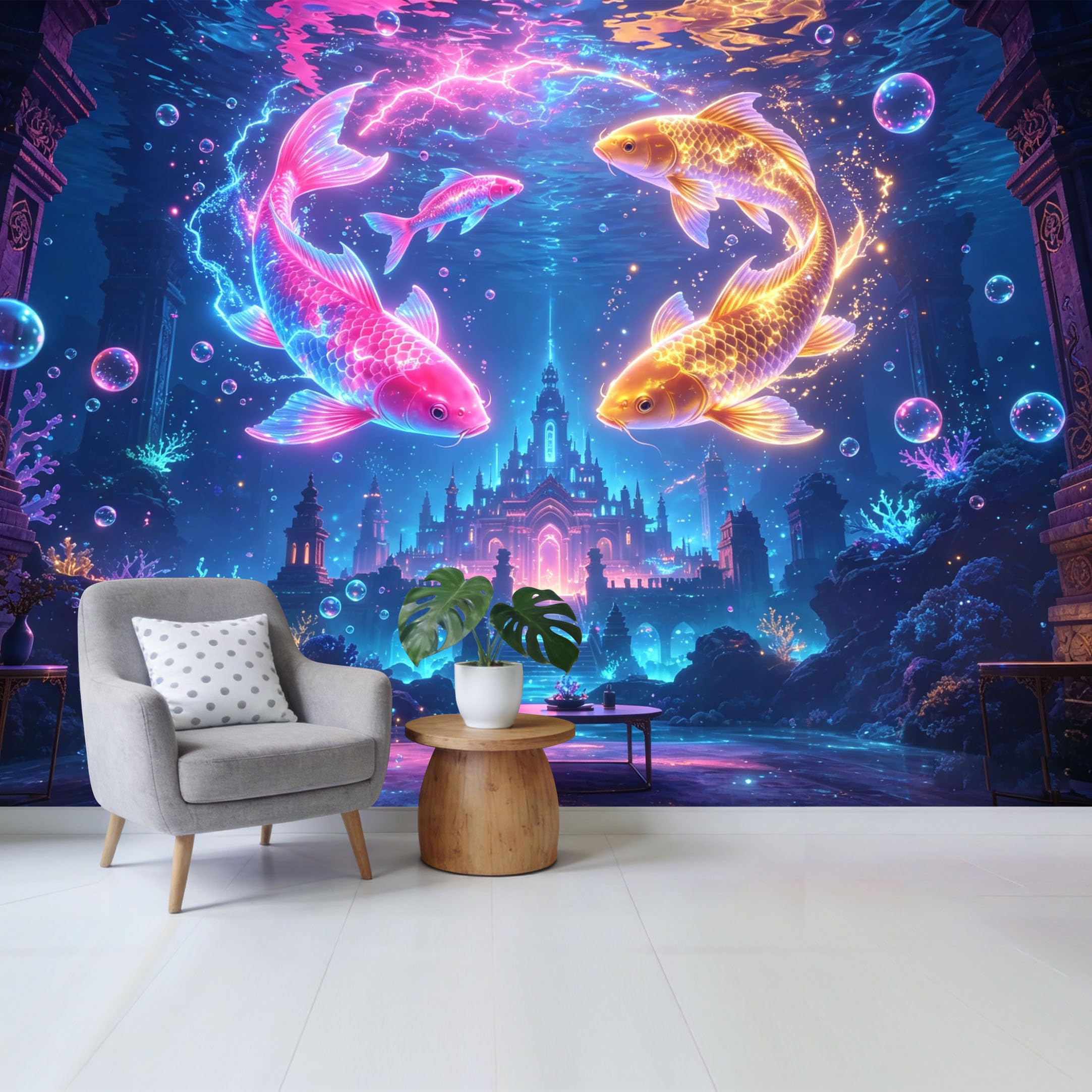 Qzlithotic Yq2605250818 Custom Size Wall Mural Glowing Koi Fish Underwater Castle Abstract 3D Ocean Selfadhesive Wall Fabric Removable Wallpaper For Home Office Decor