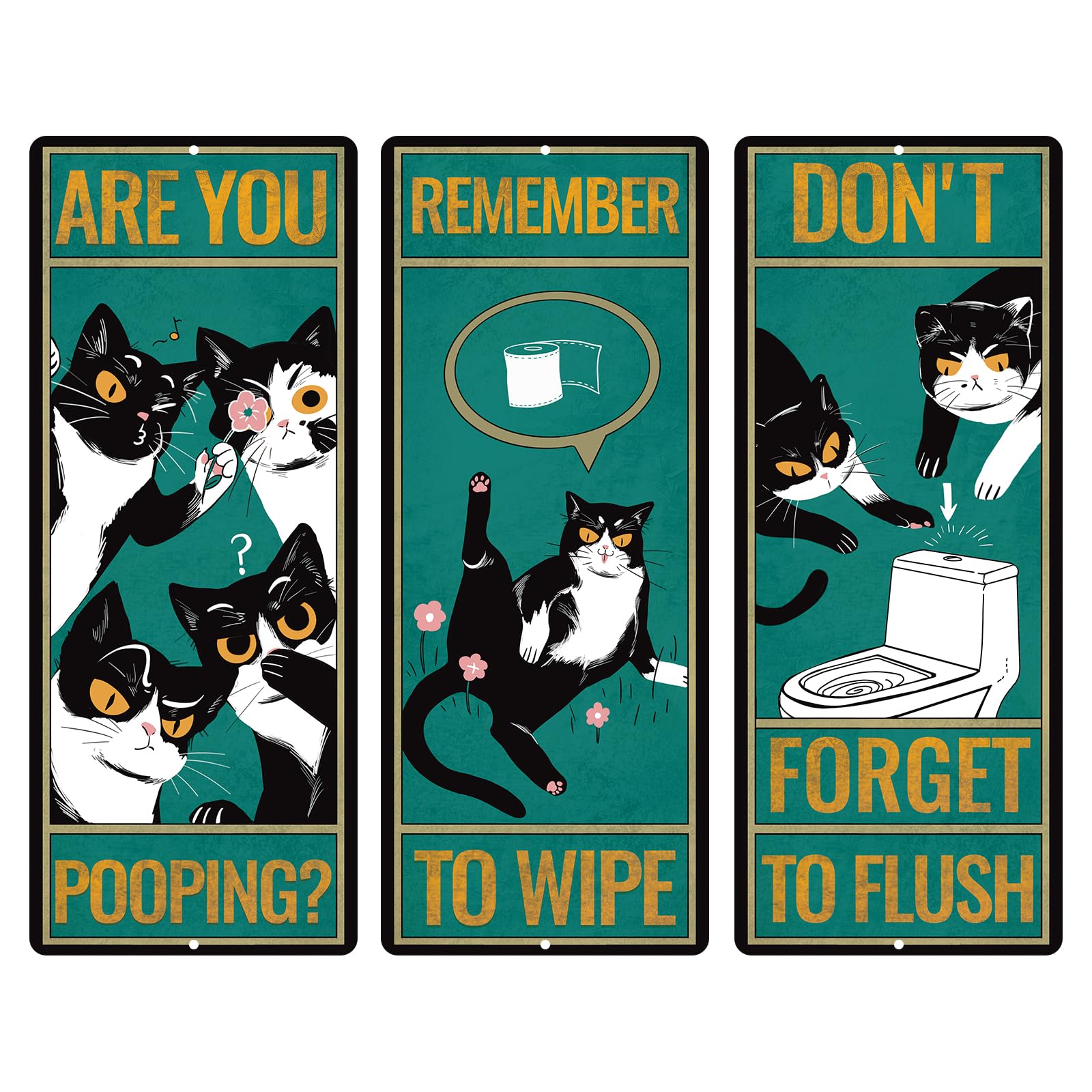 HOMANGA 3Pcs Black Cat Funny Bathroom Decor, Are You Pooping Bathroom Wall Decor Signs, Great Gift for Cat Enthusiast 12x30 CM