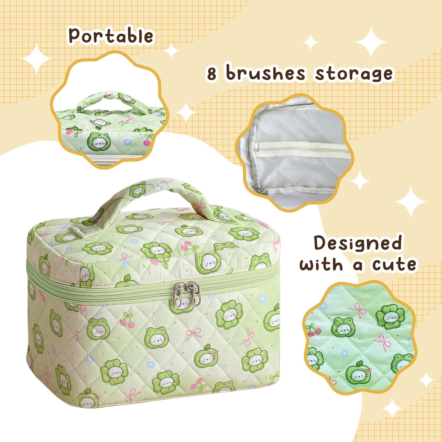 Large Quilted Makeup Bag Mint Cat Cosmetic Case for Women Green Aesthetic Travel Toiletry Organizer Soft Cotton Vanity Portable Storage image 3
