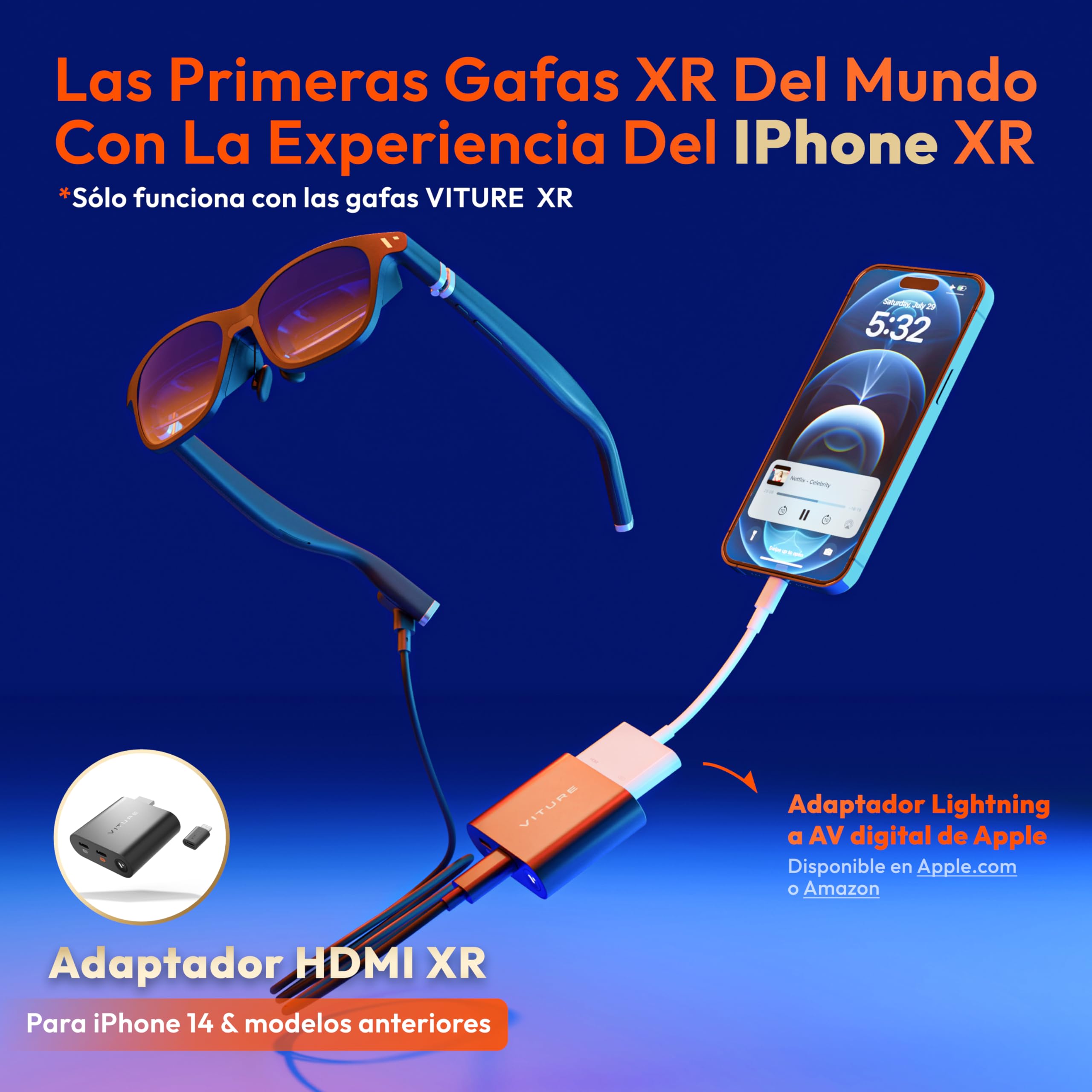 VITURE Adaptador HDMI XR para iPhone 14 y Modelos anteriores, con MultiScreen, 3DoF Mejorado y Videos VR, 2,8 Horas de batería, Carga Mientras juegas, Juego Directo en PS/Xbx/Consolas de Videojuegos