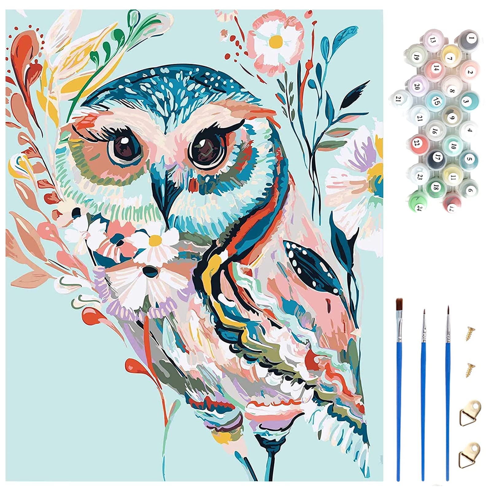 Painting by Numbers Kits, 1Pcs 40 * 50cm Canvas (Without Frame), 3Pcs Paintbrushes and 24 Colors Paint, DIY Oil Painting Owl, Paint by Numbers for Adults Beginners and Kids, Gifts, Home Wall Art.