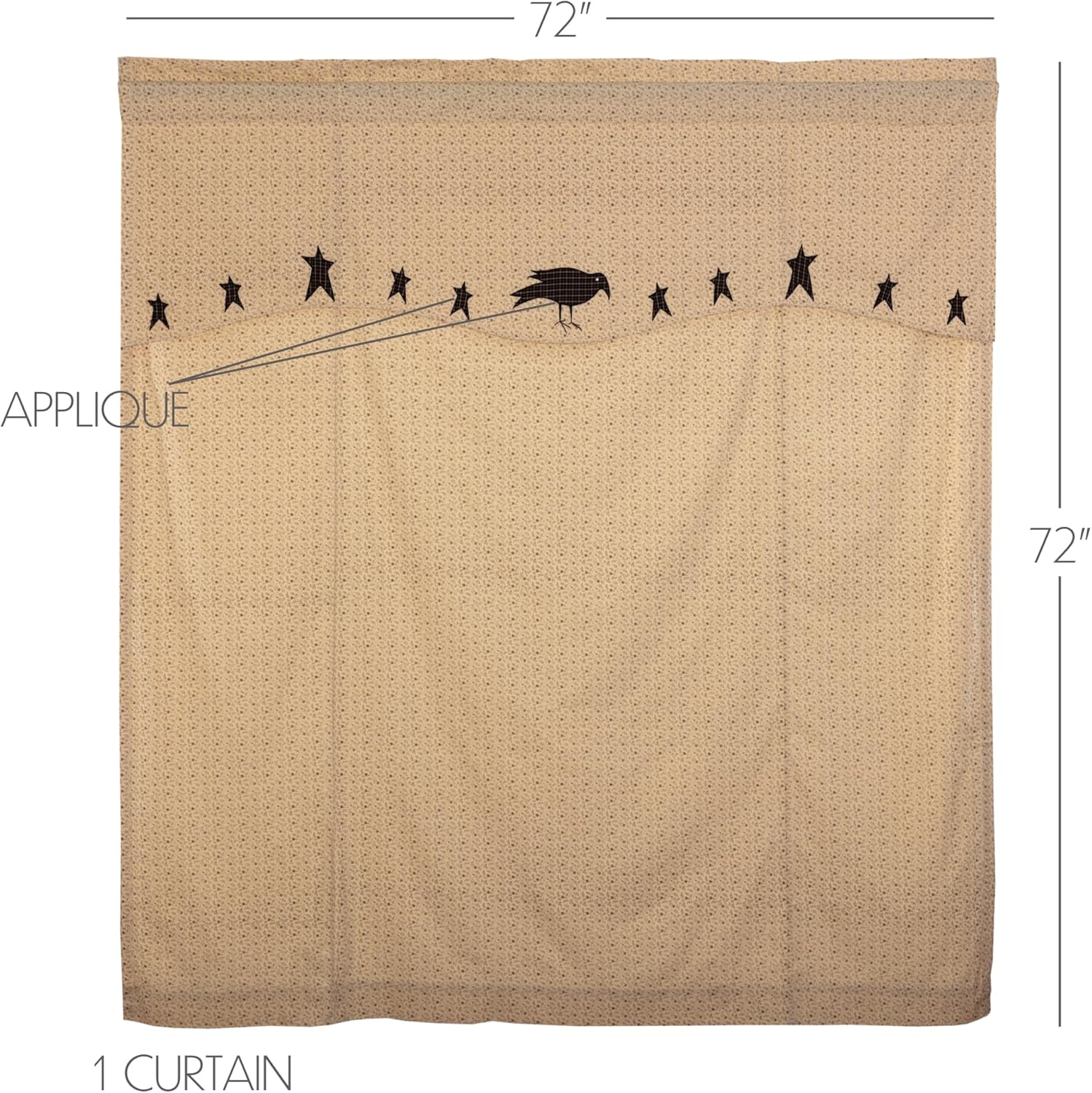 VHC Brands Kettle Grove, 72x72, Shower Curtain w/ Attached Applique Crow and Star Valance, Black
