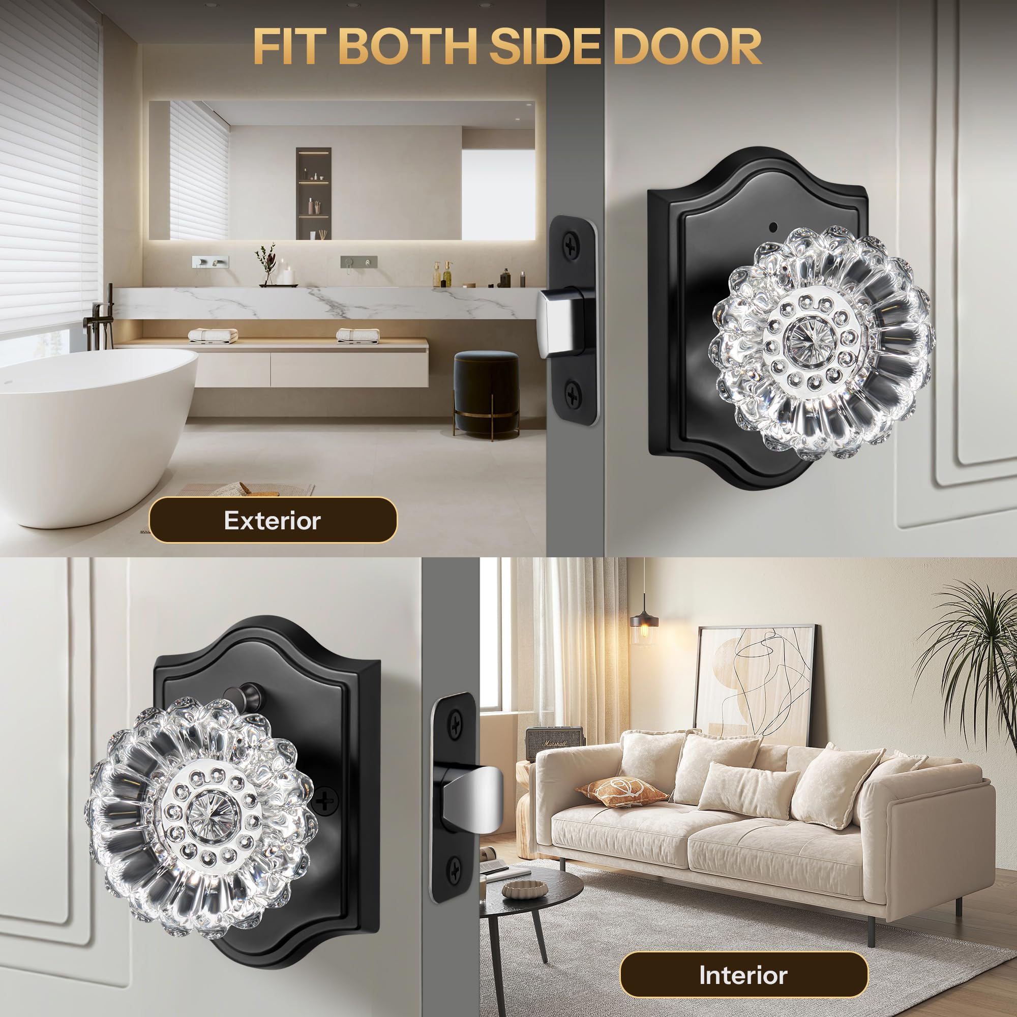 Matte Black Privacy Door Knob - Secure Glass Lock -5