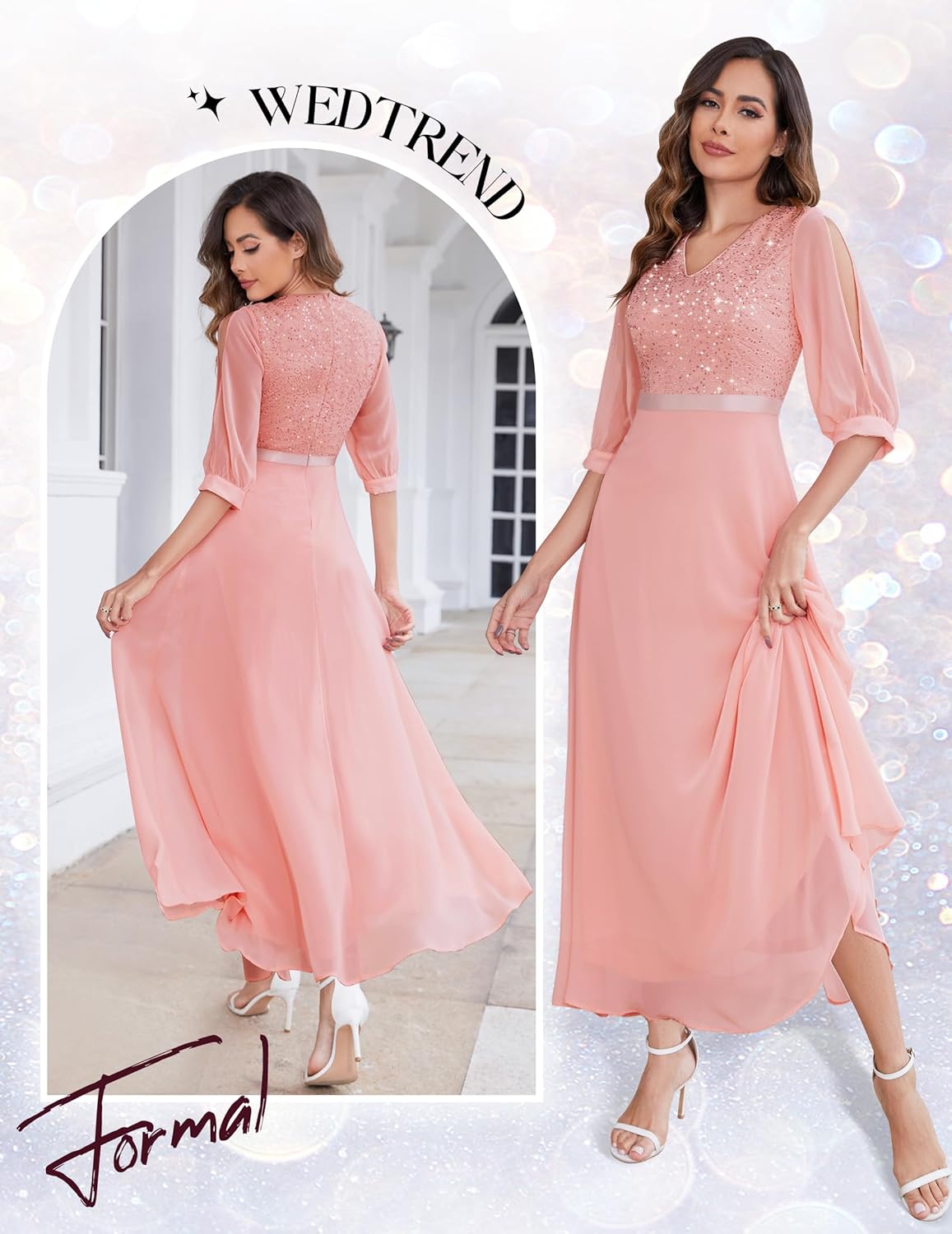 Wedtrend Women's Sequin Dresses Sparkly Glitter Dress Split Sleeves Formal Dresses Maxi Evening Dress - Image 3