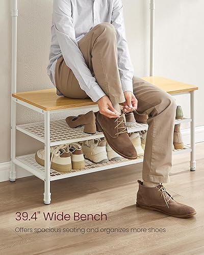 Miniatura 5 de VASAGLE Perchero, árbol de pasillo con banco de almacenamiento de zapatos para entrada, con 9 ganchos, un zapatero, una barra para colgar, 16.3 x