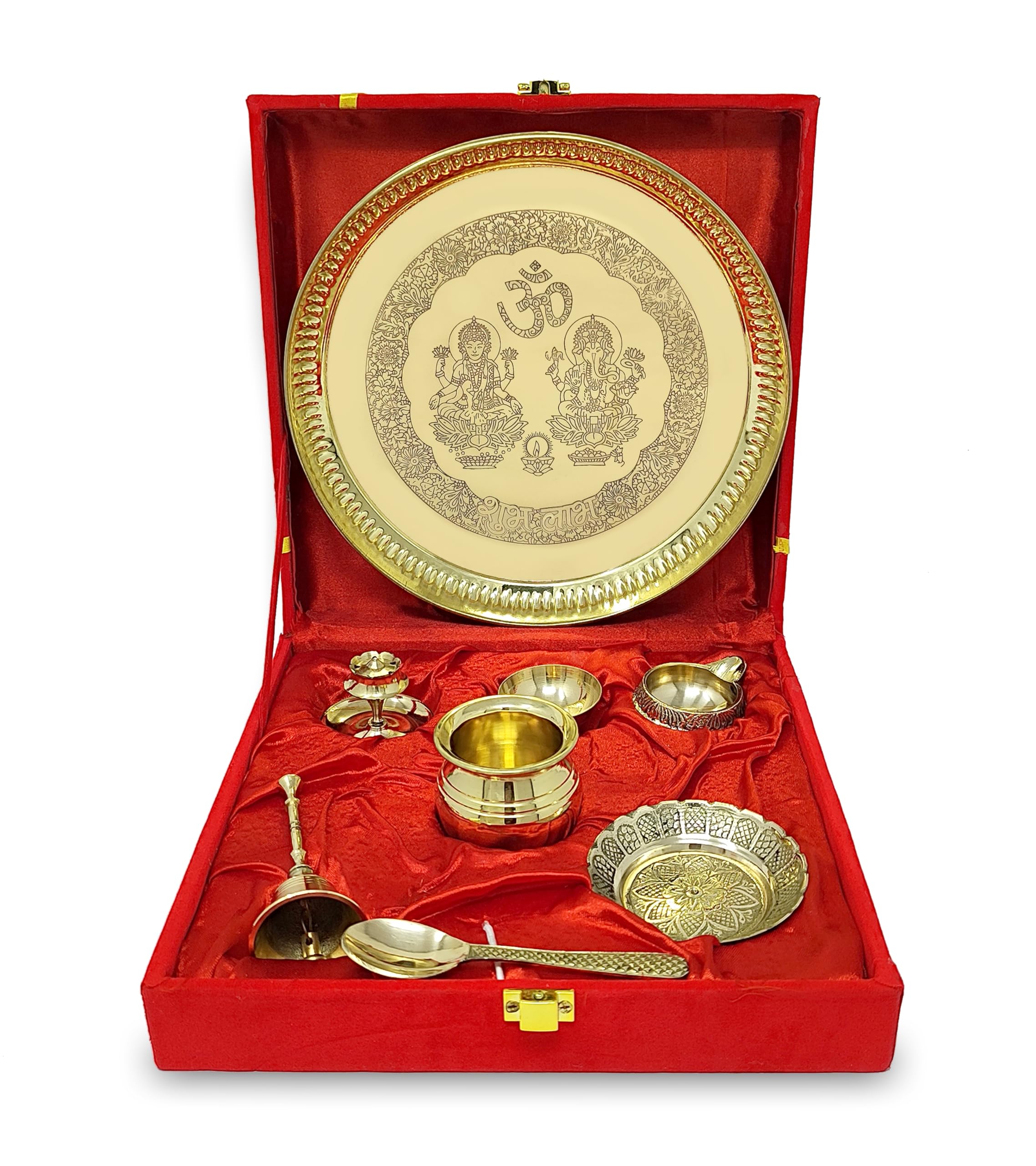 Brass Puja Thali Set with Red Gift Box 8 Inch Pital Pooja Plate Dhup Dan Kalash Spoon Ghanti Bowl Kuber Diya Kangura Plate for Diwali Home Mandir Office Wedding Return Gifts