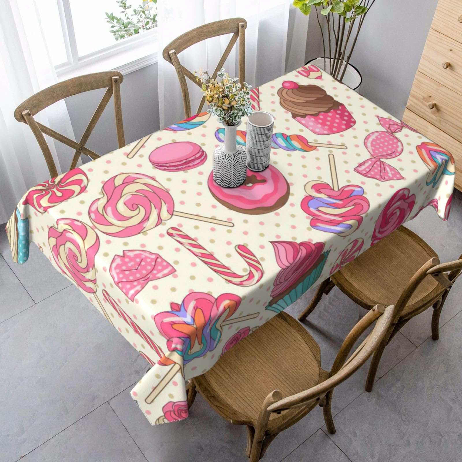yagDAA Colorful Sweet Lollipop Cupcake Donut Print Rectangle Tablecloth Table Cover Indoor Outdoor Dining Room Kitchen Table Cloth 140x90cm