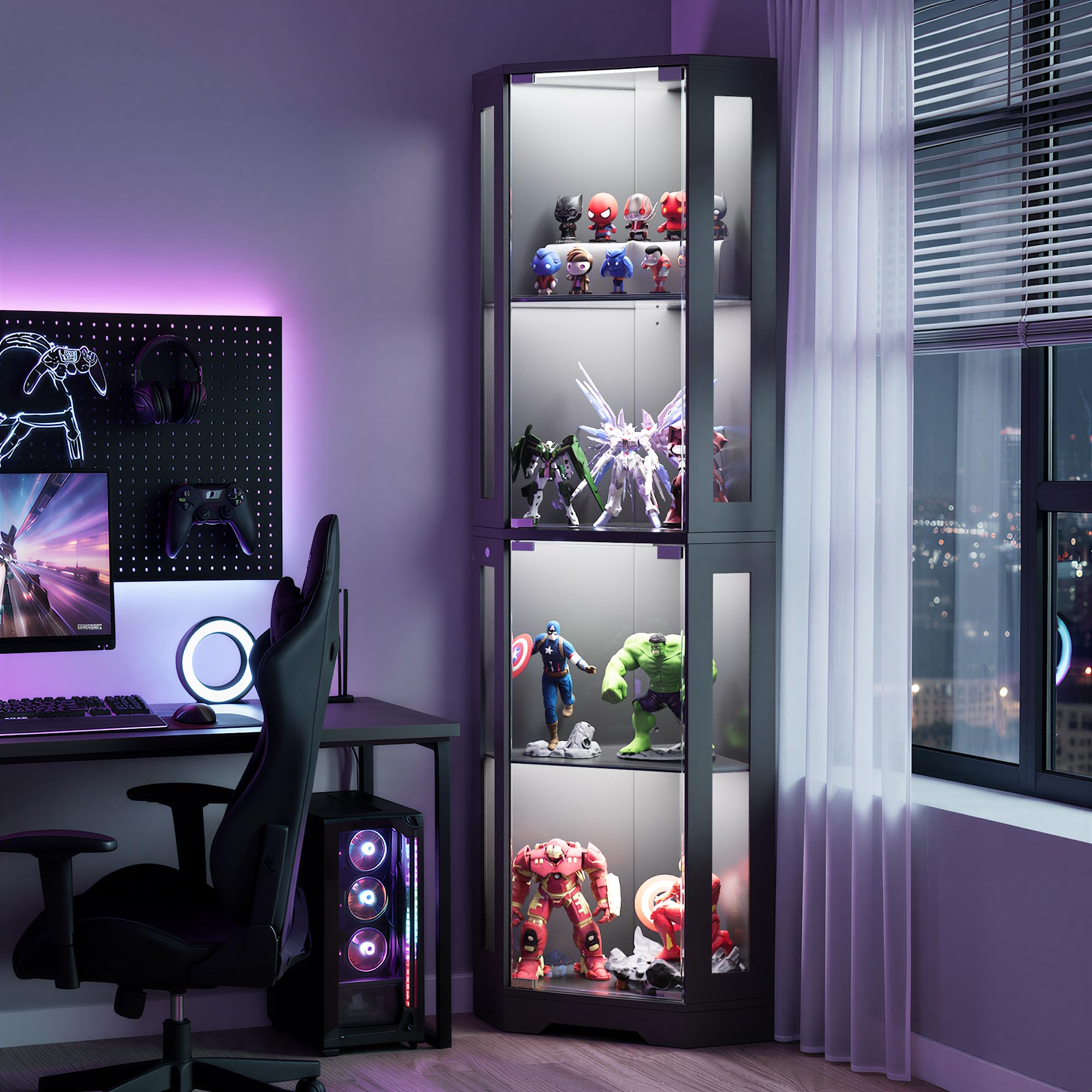 Vitrina esquinera de 4 Niveles con Puertas de Cristal para Dormitorio/Estudio, Vitrina de Cristal de 165cm con iluminación LED para coleccionistas y Sala de Estar, Negro