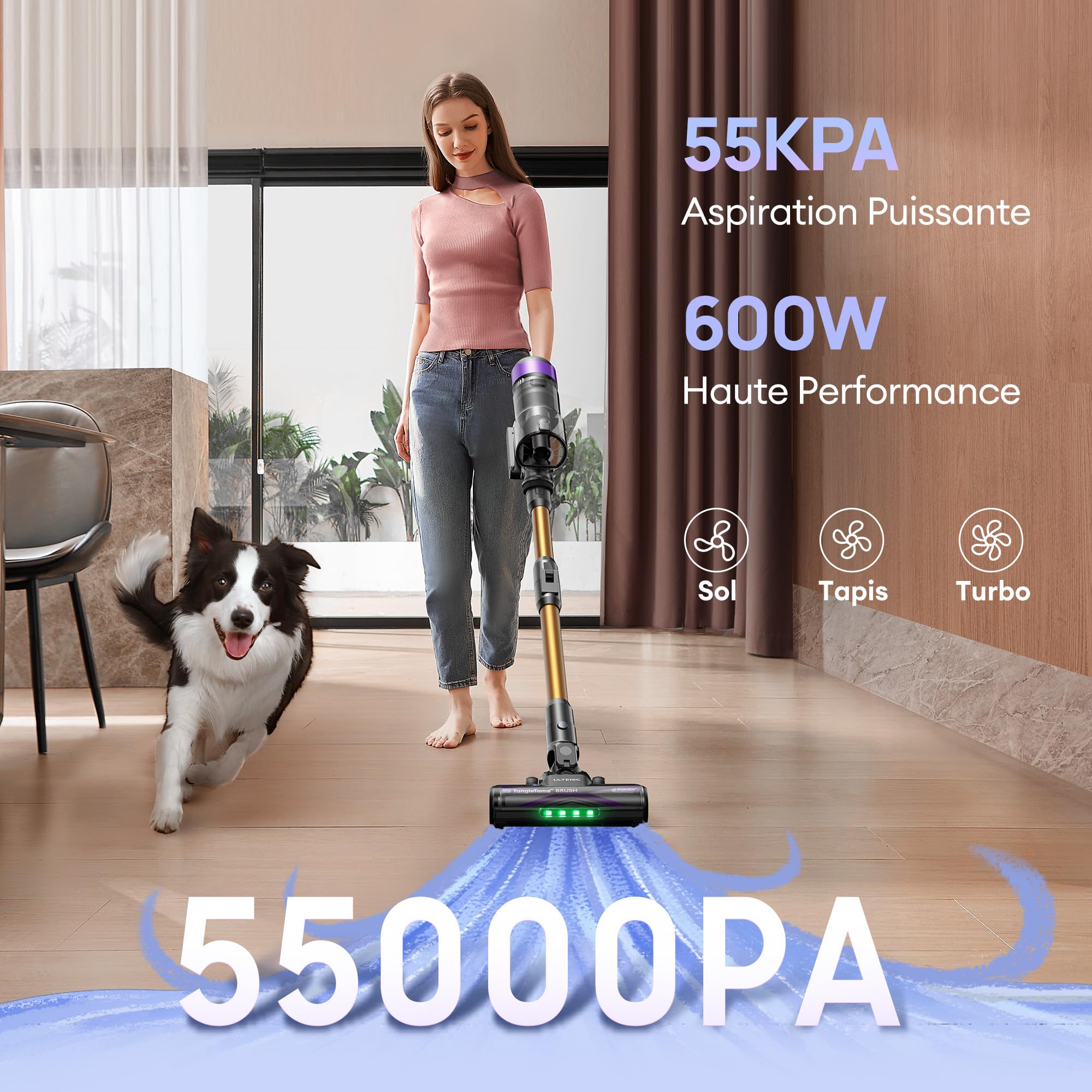 Ultenic Aspirateur Balai sans Fil, 55kPa/60min Aspirateur sans Fil, Technologie GreenEye, Tube Pliable, Brosse de Sol TangleTame, Puissant pour Poils Animaux, Sol Dur et Voiture