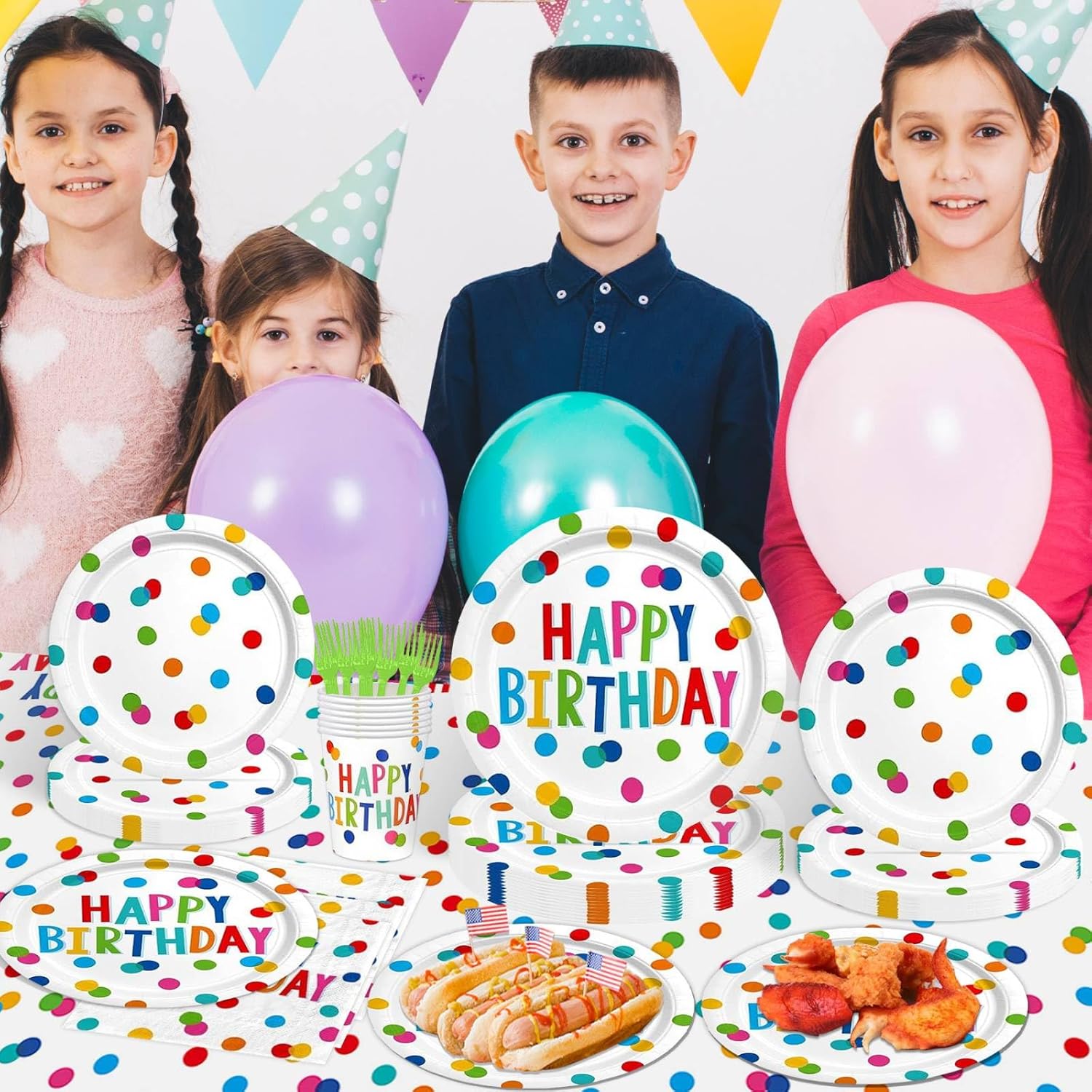 128Pcs Colorful Dots Party Supplies, Includes: Happy Birthday Plates, Napkins, Cups, Tablecloth, Banner, Serves 25