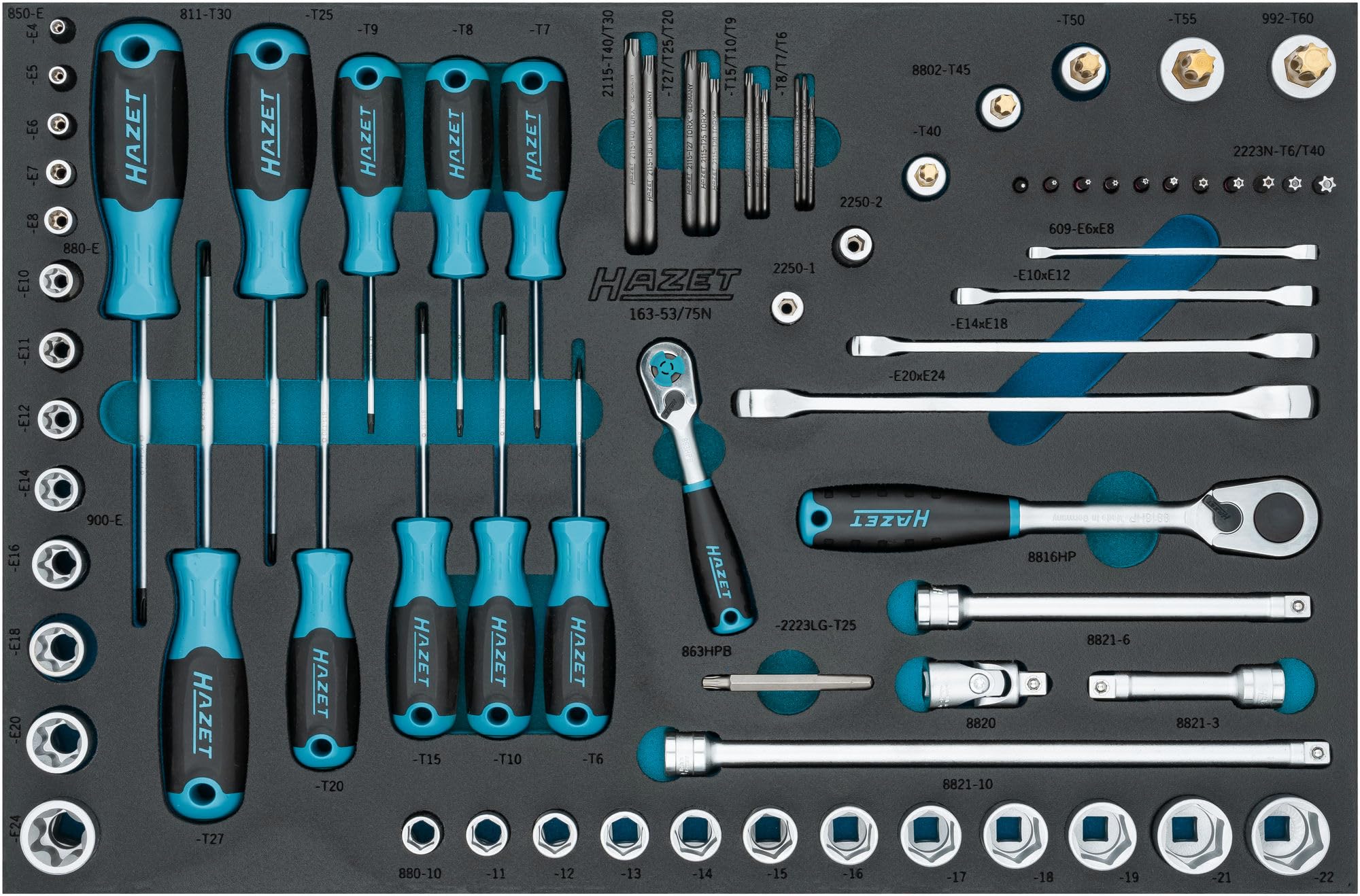 HAZET Zestaw kluczy nasadowych 75-częściowy 163-53/75N, 10-22 mm, E4-E24, T6-T60, TORX wewnętrzny/zewnętrzny, TORX odporny na manipulacje, w tym klucz dwupierścieniowy, grzechotki dwustronne i bity