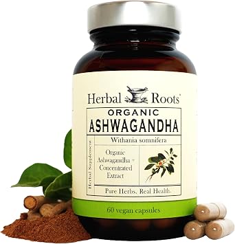 Herbal Roots Organic Ashwagandha Capsules - Extra Strength - 2 Month Supply - Certified USDA Organic - 60 Vegan Capsules