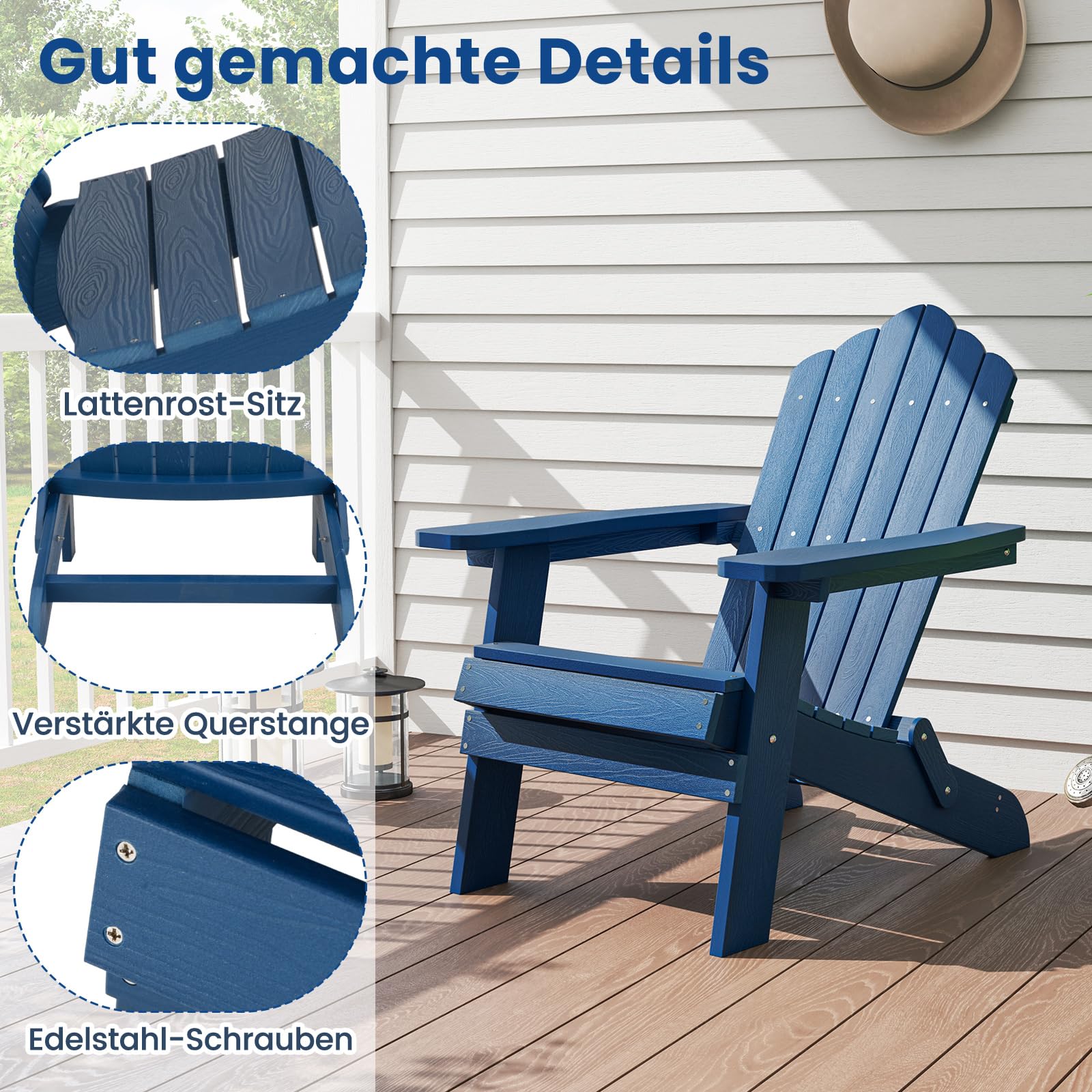 COSTWAY Adirondack Stuhl klappbar, wetterfester Adirondack Chair aus Kunststoff, Gartensessel mit hoher Rückenlehne & Breiten Armlehnen für Garten, Terrasse, 180 kg Tragfähigkeit (Marine)