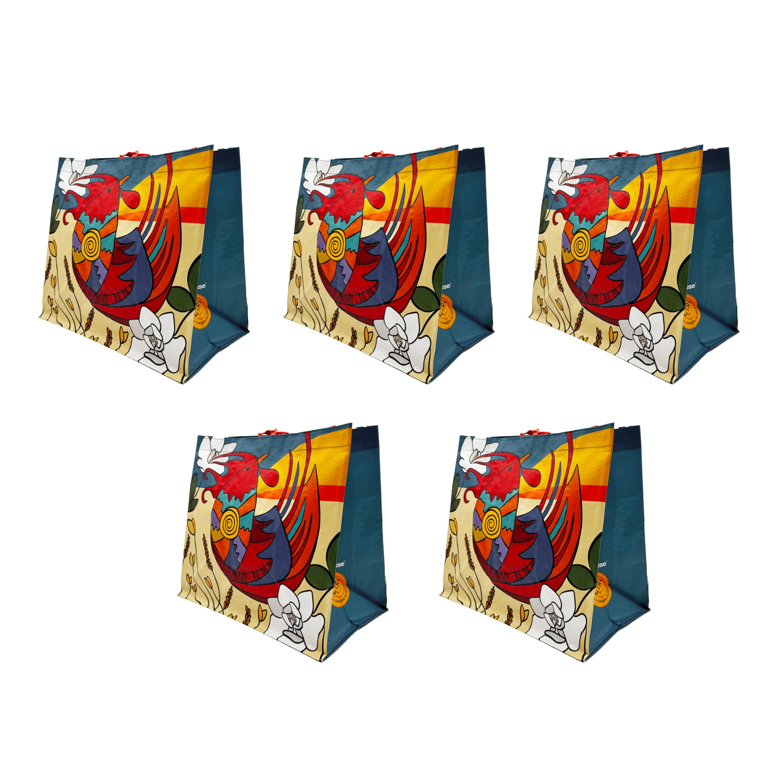 Earthwise Reusable Shopping Bags Extremely Durable Multi Use Large Stylish Fun Foldable Water-Resistant Totes Design - Rooster(Pack of 5)