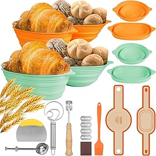 11 Pcs Silicone Bread Proofing Baskets Set 9 Inch Round and 10 Inch Oval Foldable Sourdough Baking Basket, Bread Making Kits for Starter Professional Baker (Orange & Green)