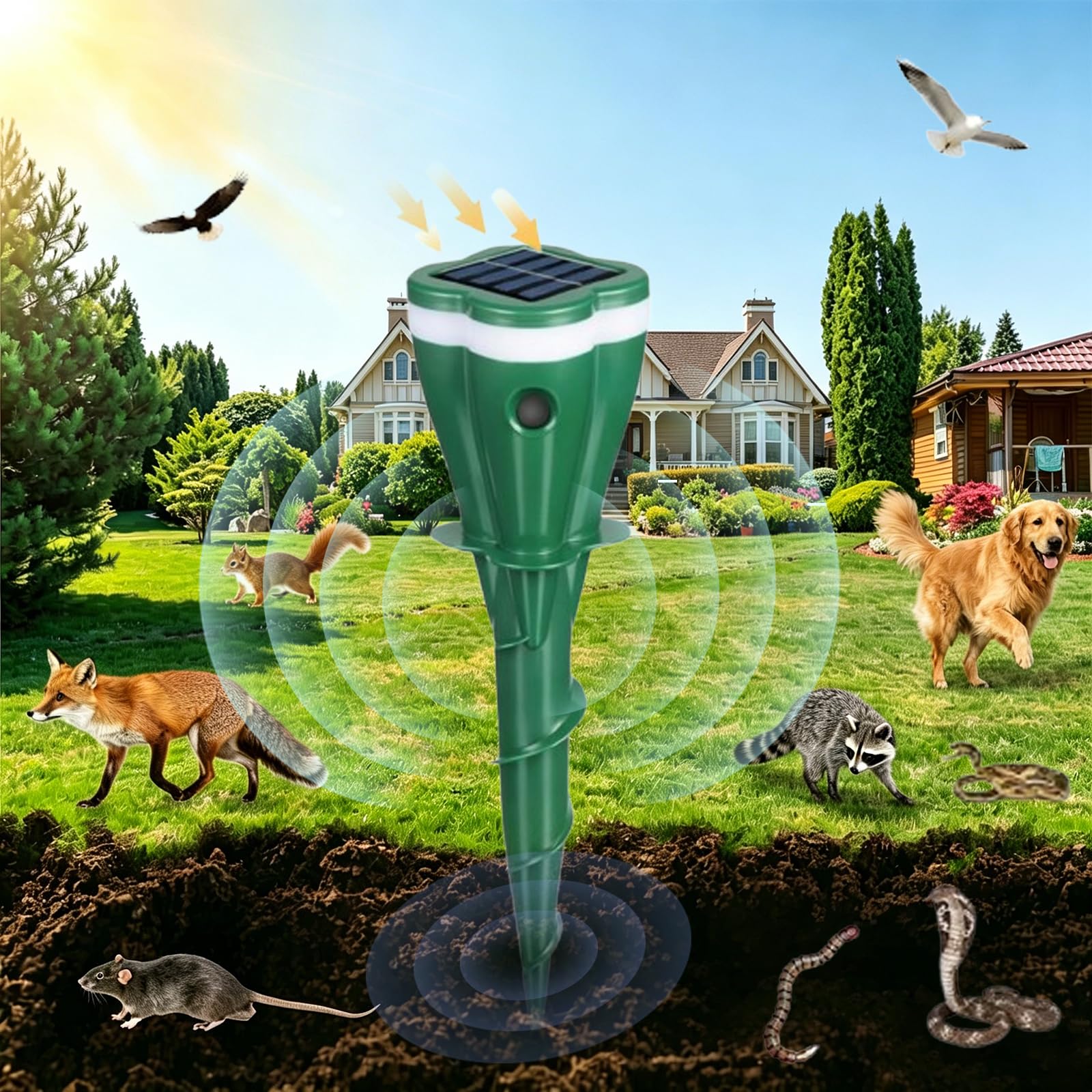 Solar Powered Ultrasonic Animal Repellent Outdoor, Mole Repeller Solar Powered, 2026 New Raccoon Deterrent Squirrel Repellent Snake Repellents Control Device with Motion Sensor for Yard Lawn Garden