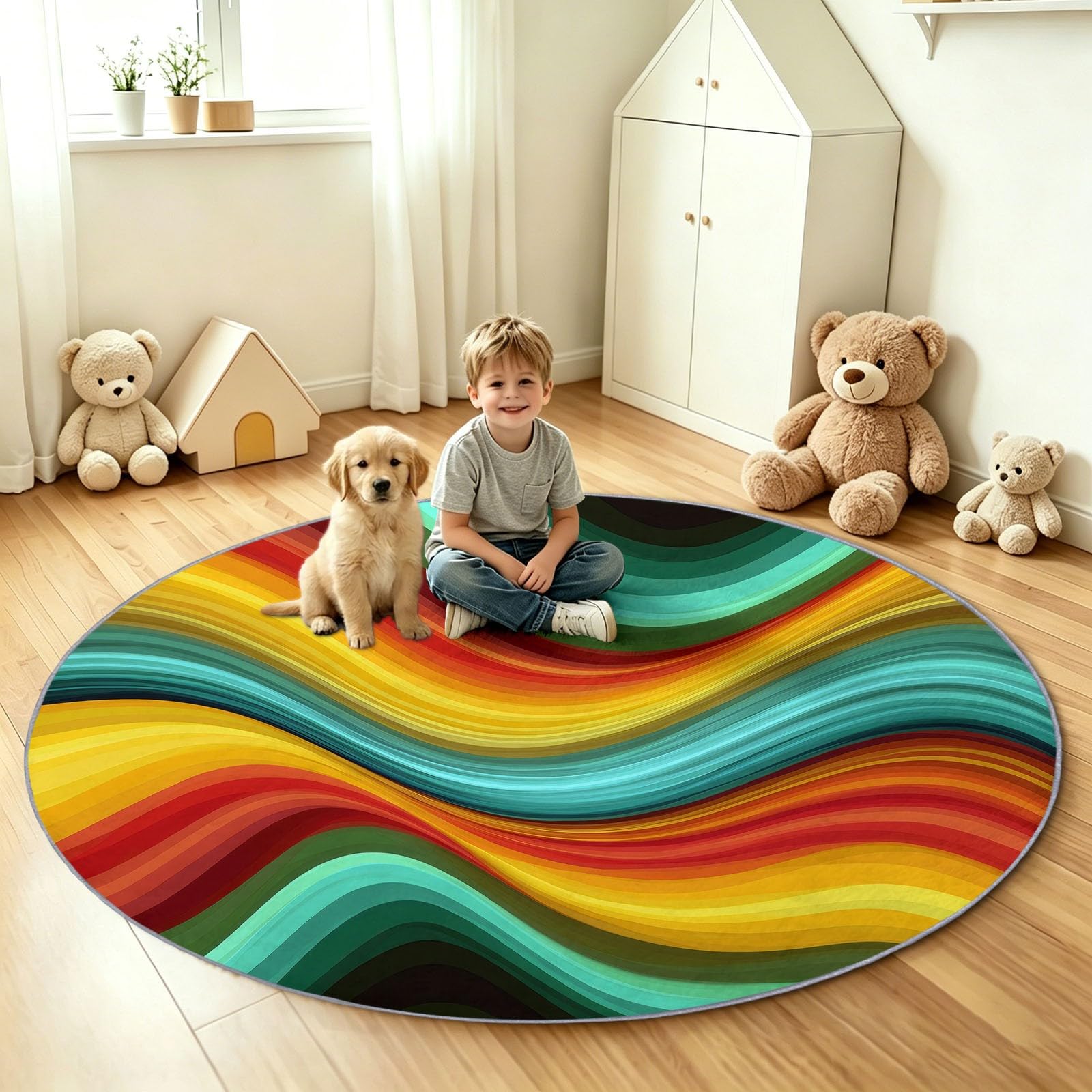Générique Tapis Enfant Rond Chambre d'enfant Filles Garçons, Pop Art Tapis Rond Lavable & Antidérapant pour Salon Chambre Cuisine Salle à Manger Chambre (100 cm, Vagues Arc Ciel)