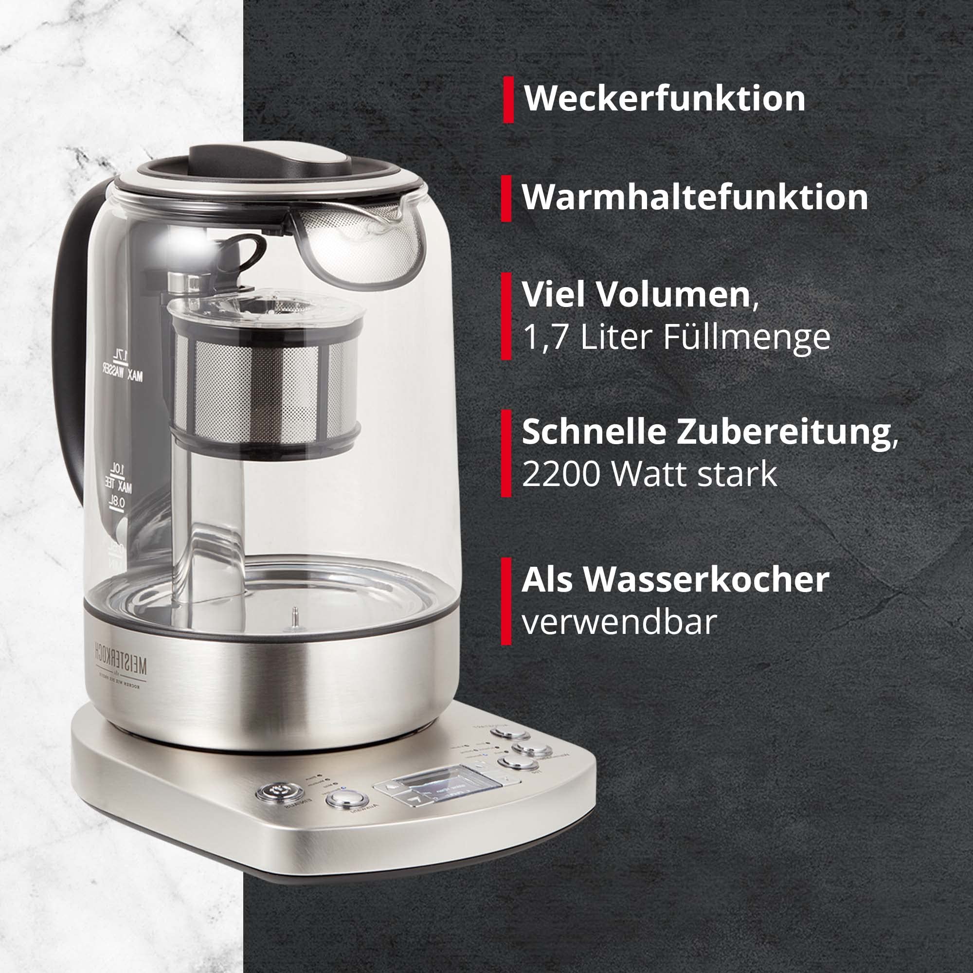 MEISTERKOCH TK-170 TWE | Teekocher elektrisch mit Temperatureinstellung & Absenkautomatik des Siebeinsatzes, aus Glas mit Warmhaltefunktion, Brühzeit-Einstellung & LED Licht abgepasst auf Teesorten