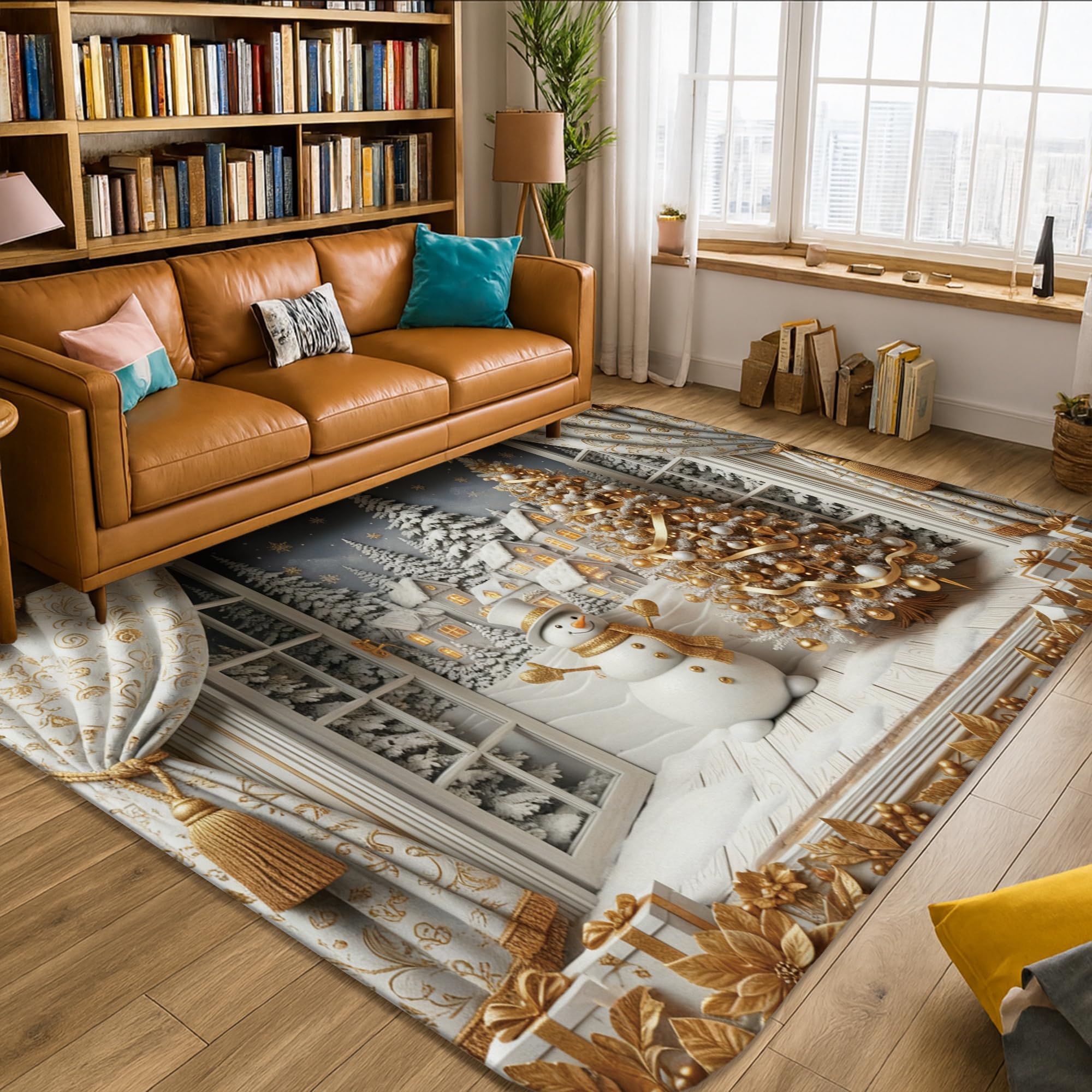 Schneemann-Teppich, Weihnachts-, Winter-, Weihnachtsbaum-Vorhänge, goldfarben, niedriger Flor, Schwamm, rechteckiger Druck, Teppich für Wohnzimmer, Schlafzimmer, Küche, Flur, Dekoration, 1,5 x 2,1 m