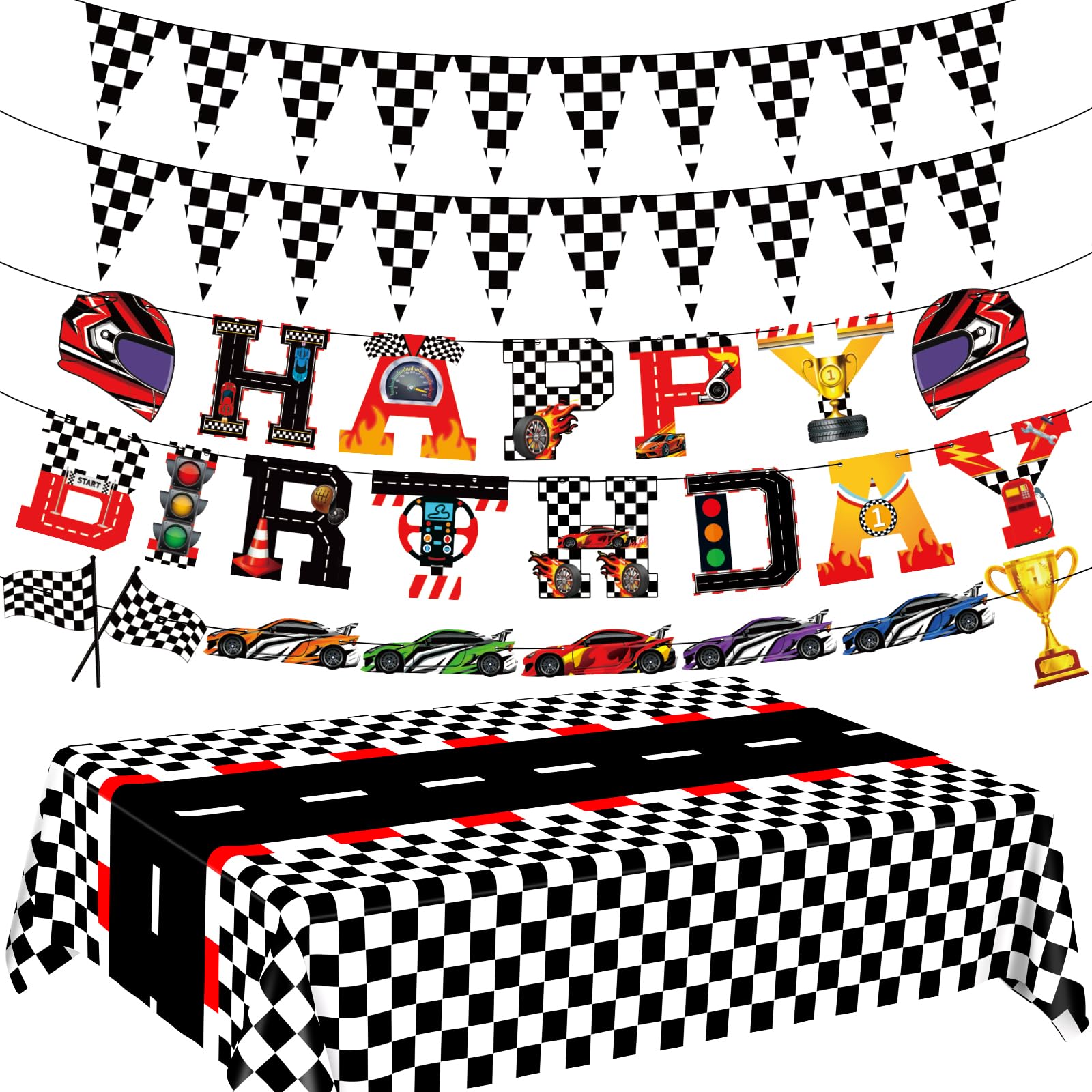 WNINK Racing Car Theme Tablecloths Happy Birthday Banner Racetrack Rectangular Tablecloth Race Car Party Decor Kit, for Race Car Birthday Party