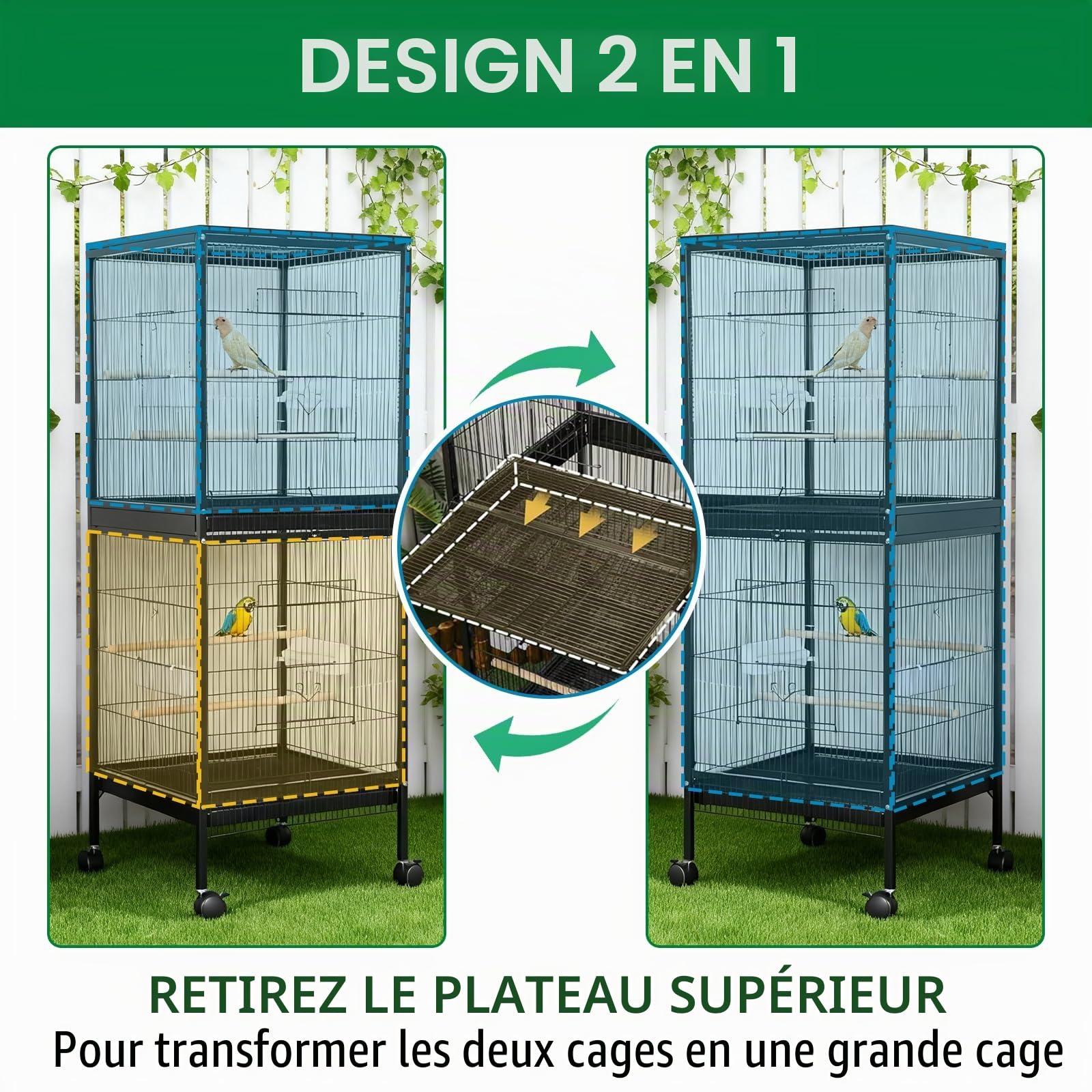 Cage à Oiseaux métallique Grand Stable Double étage et Aire de Jeu, avec Chariot Roulant, tiroirs extractibles, perchoirs en Bois et mangeoires, idéale pour perruches ondulées, perruches nymphes