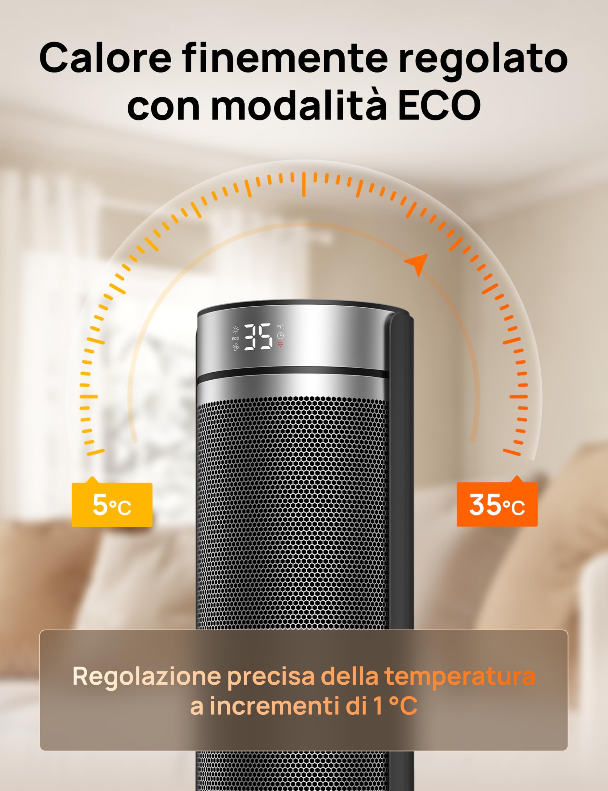 DREO Stufa a Torre 23 Pollici 2000W Silenziosa, Riscaldatore Portatile con Telecomando, Oscillazione 70°, Timer 12H, 5 Modalità, Termoventilatore in Ceramica PTC con Termostato per Casa e Ufficio