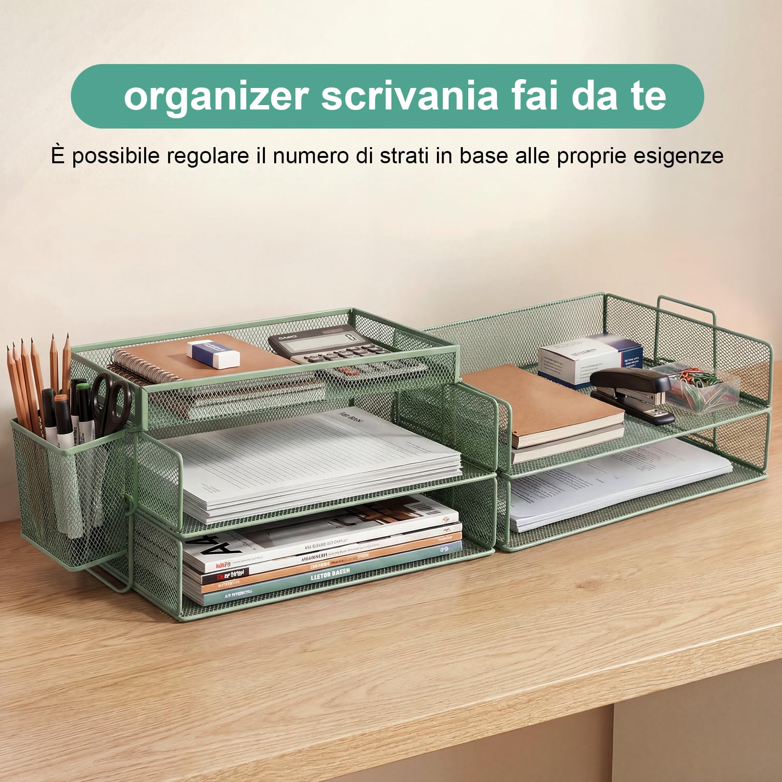 Portadocumenti impilabile per fogli A4, organizer scrivania con 4 scomparti e 1 portapenne, adatto a documenti A4, portadocumenti da scrivania in metallo, porta documenti ufficio scrivania (verde)