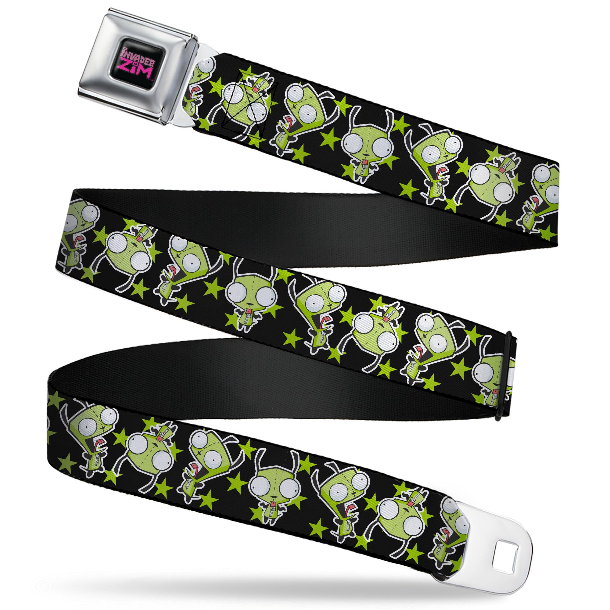 Invader Zim Belt, Seatbelt Buckle Belt, Invader Zim GIR Poses and Stars Black Green, Adjustable, Black, 1.0" Wide - Fits Pant Size 20-36
