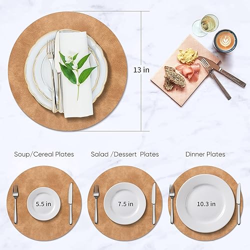 Miniatura 3 de ADRIMER Manteles individuales redondos resistentes al calor, juego de 6 manteles individuales lavables, impermeables, manteles individuales de piel