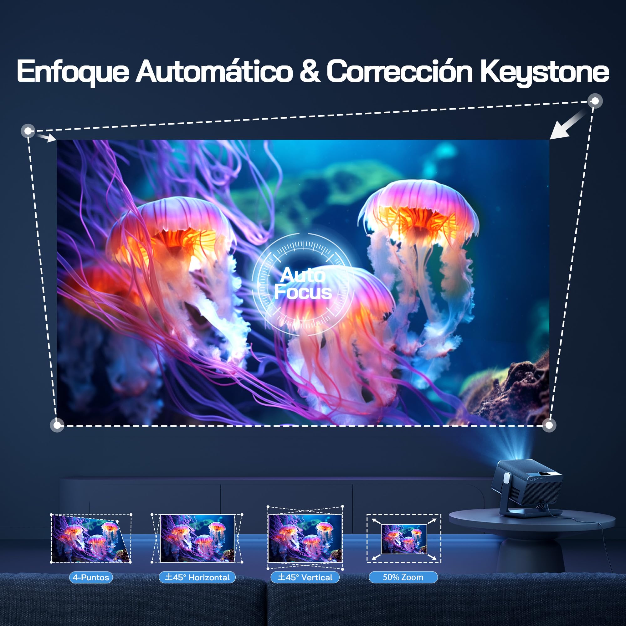 WOLFANG Proyector Portátil 4K, 28000 Lúmenes, Apps Integradas, WiFi/Bluetooth, Enfoque Eléctrico y Corrección Keystone Automática, Rotación 180°, Mini Proyector para Cine en Casa, HDMI