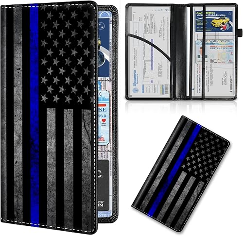 Car Registration and Insurance Card Holder, Premium Leather Vehicle Wallet Cover for Glove Box Car Organizer Drivers License/Cards/ID - Essentials Document Holder, Thin Blue Line American Flag