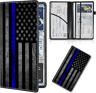 Car Registration and Insurance Card Holder, Premium Leather Vehicle Wallet Cover for Glove Box Car Organizer Drivers License / Cards / ID - Essentials Document Holder, Thin Blue Line American Flag