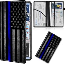 Car Registration and Insurance Card Holder, Premium Leather Vehicle Wallet Cover for Glove Box Car Organizer Drivers License / Cards / ID - Essentials Document Holder, Thin Blue Line American Flag