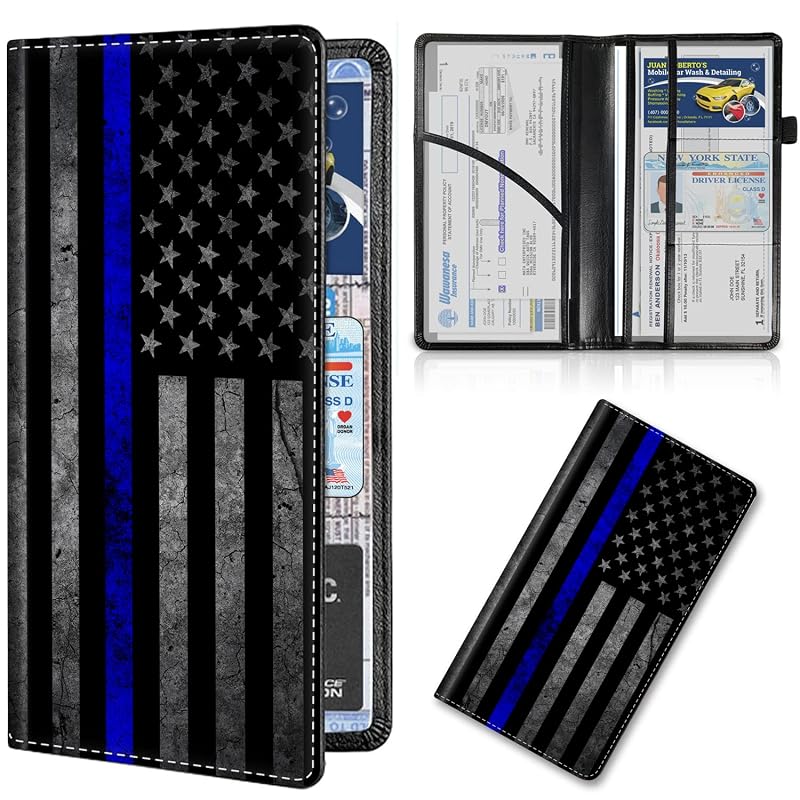 Porta-Documentos para Carro em Couro Sintético EDGFRTOIO com 6 Compartimentos Transparentes, Modelo Dobrável para Porta-Luvas, Cor Thin Blue Line American Flag