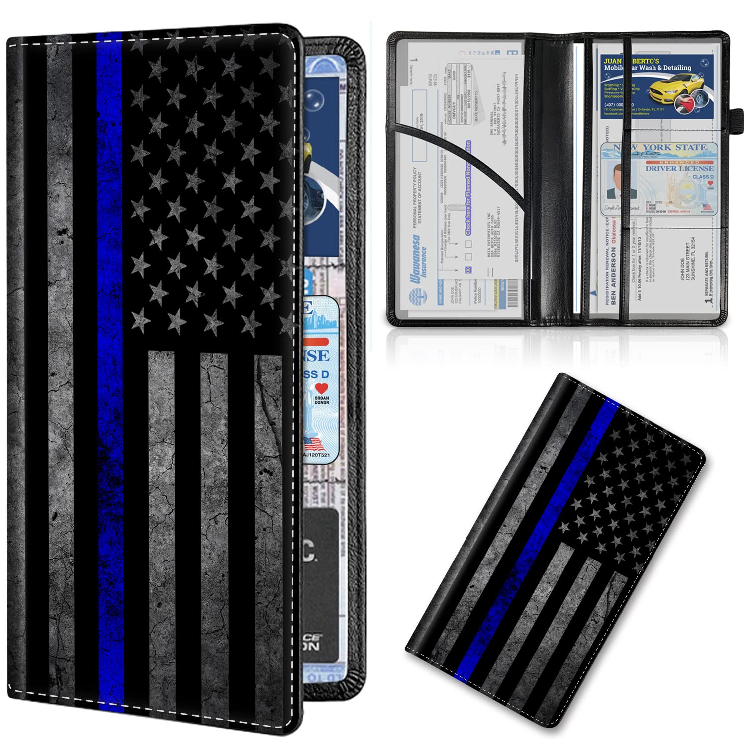 EDGFRTOIO Thin Blue Line Premium Leather Car Registration and Insurance Card Holder